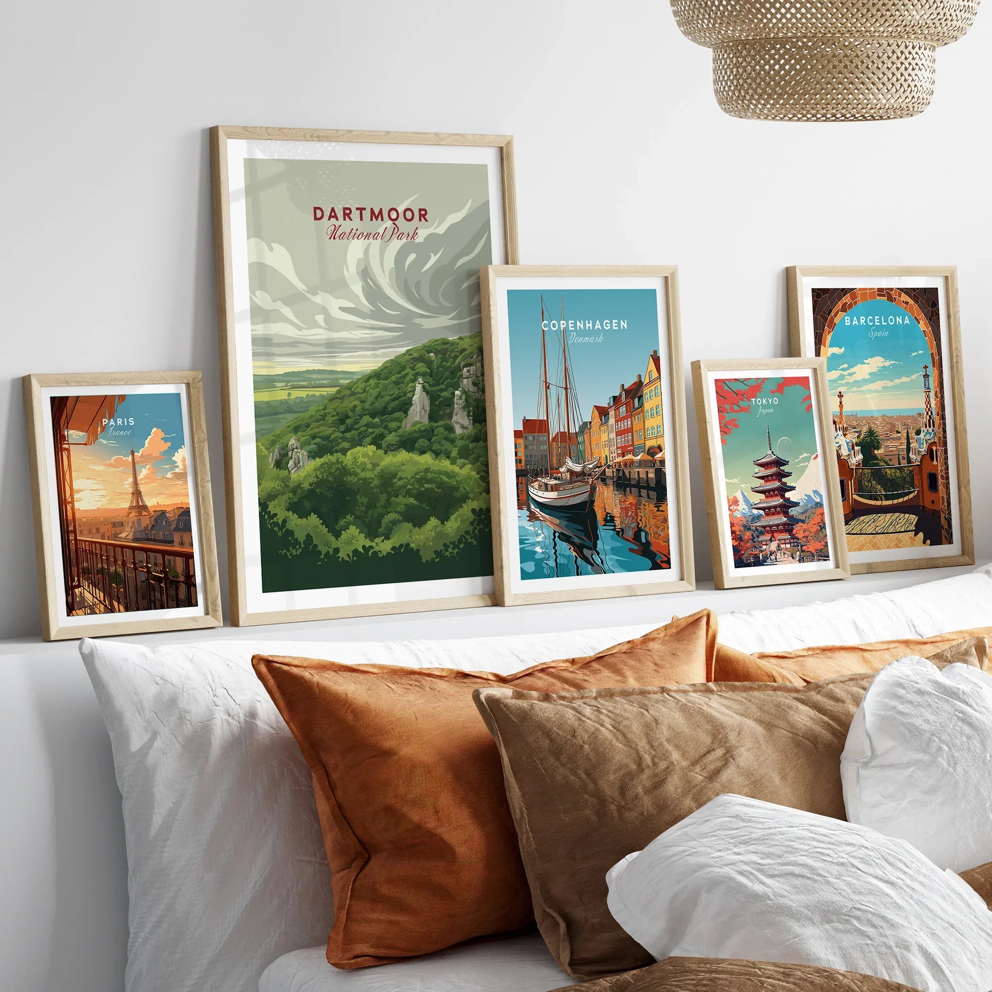 Dartmoor National Park Moorland Travel Poster — set five framed artprints above bed natural wood frames