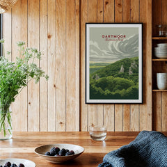 Dartmoor National Park Moorland Travel Poster — black framed art print kitchen setting