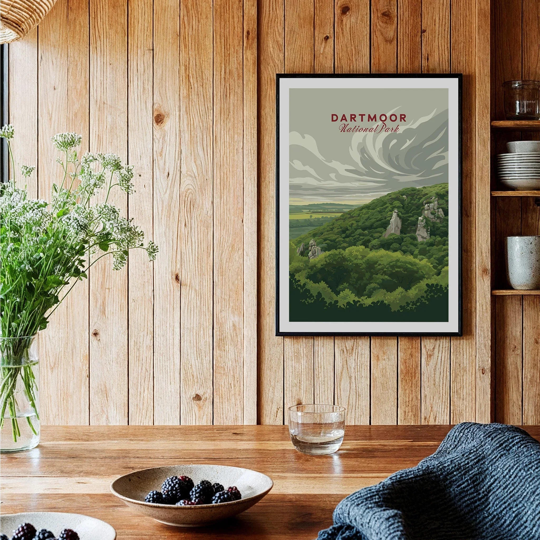 Dartmoor National Park Moorland Travel Poster — black framed art print kitchen setting