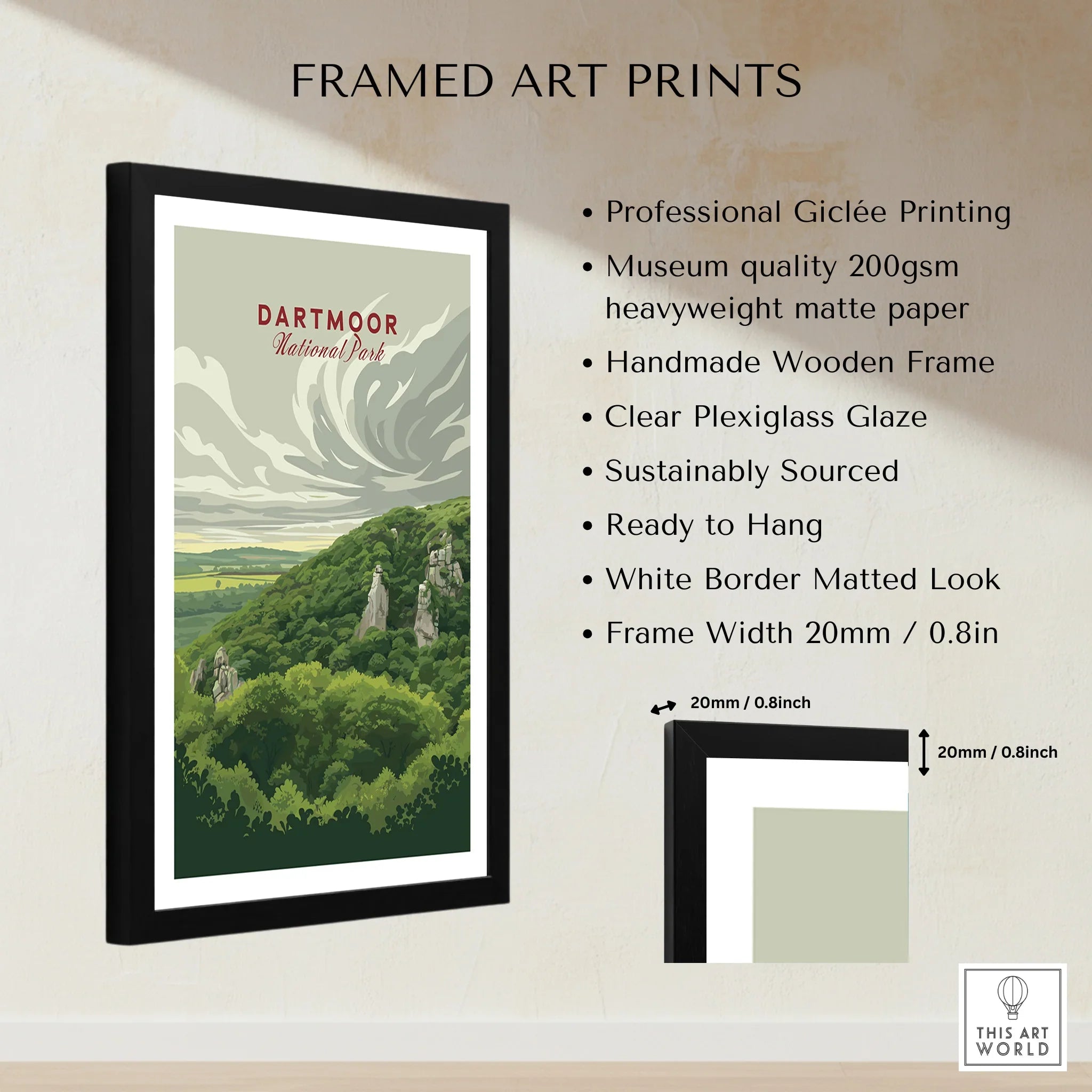 Dartmoor National Park Moorland Travel Poster — framed print details measurements quality details