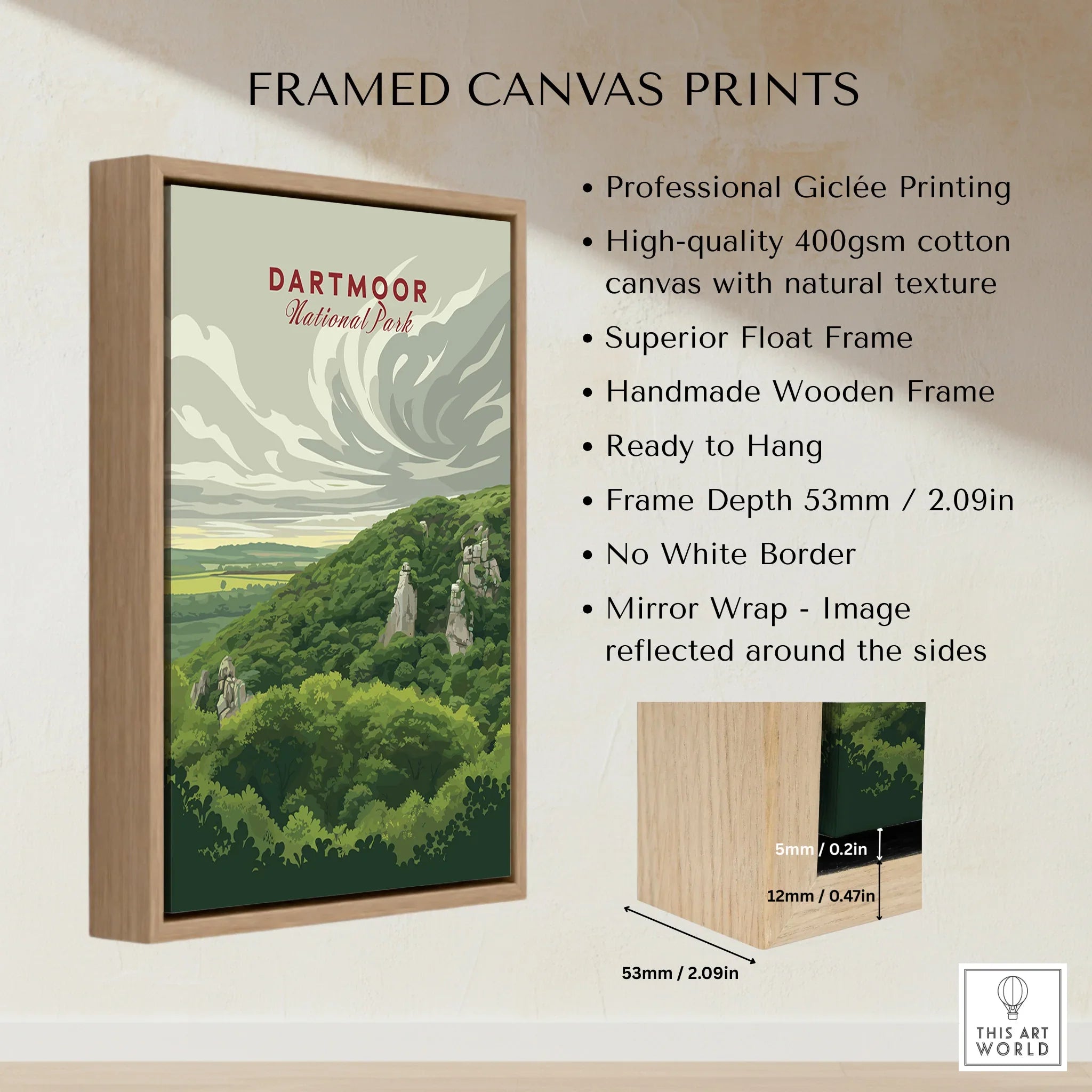 Dartmoor National Park Moorland Travel Poster — framed canvas float frame details quality