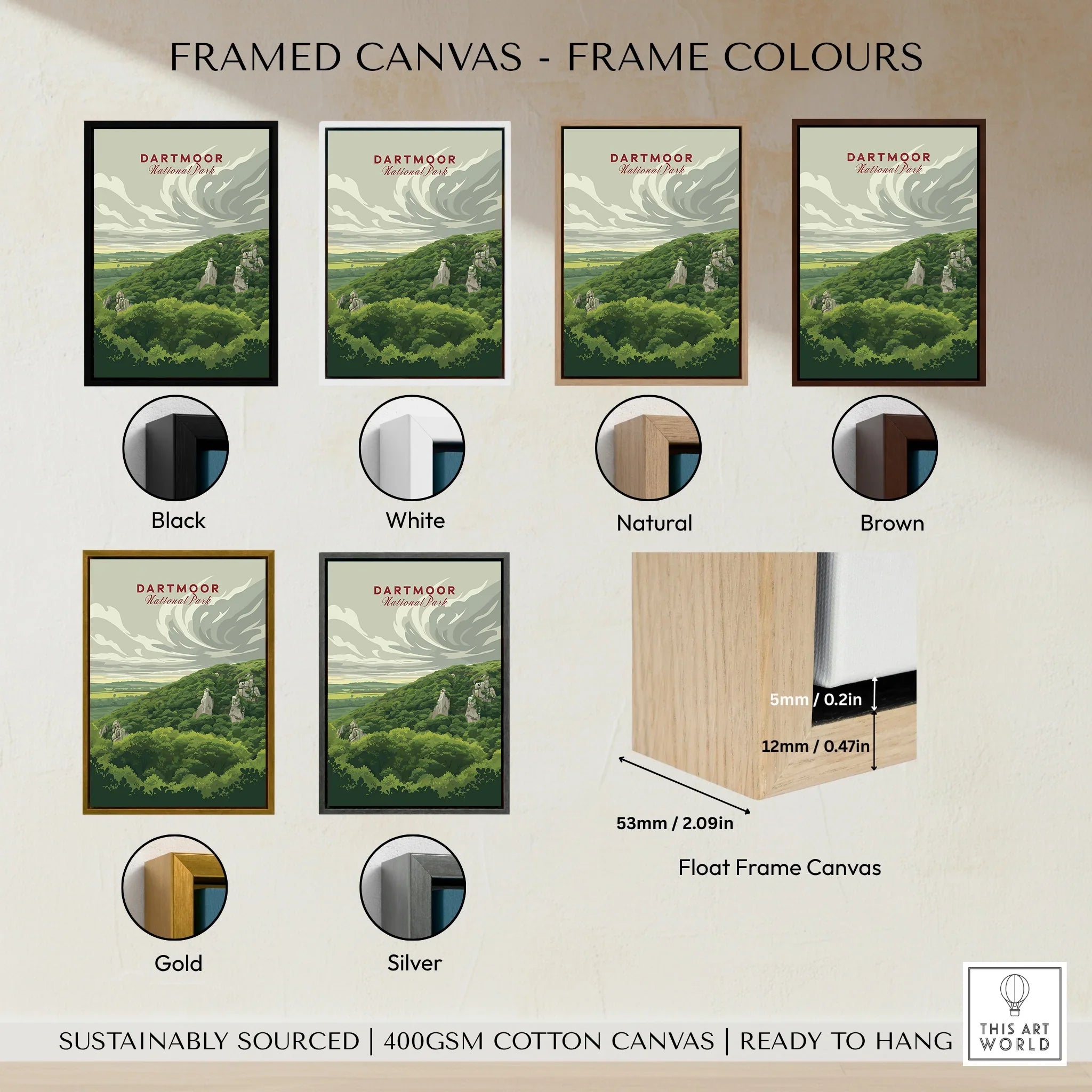 Dartmoor National Park Moorland Travel Poster — framed canvas float frame colour options