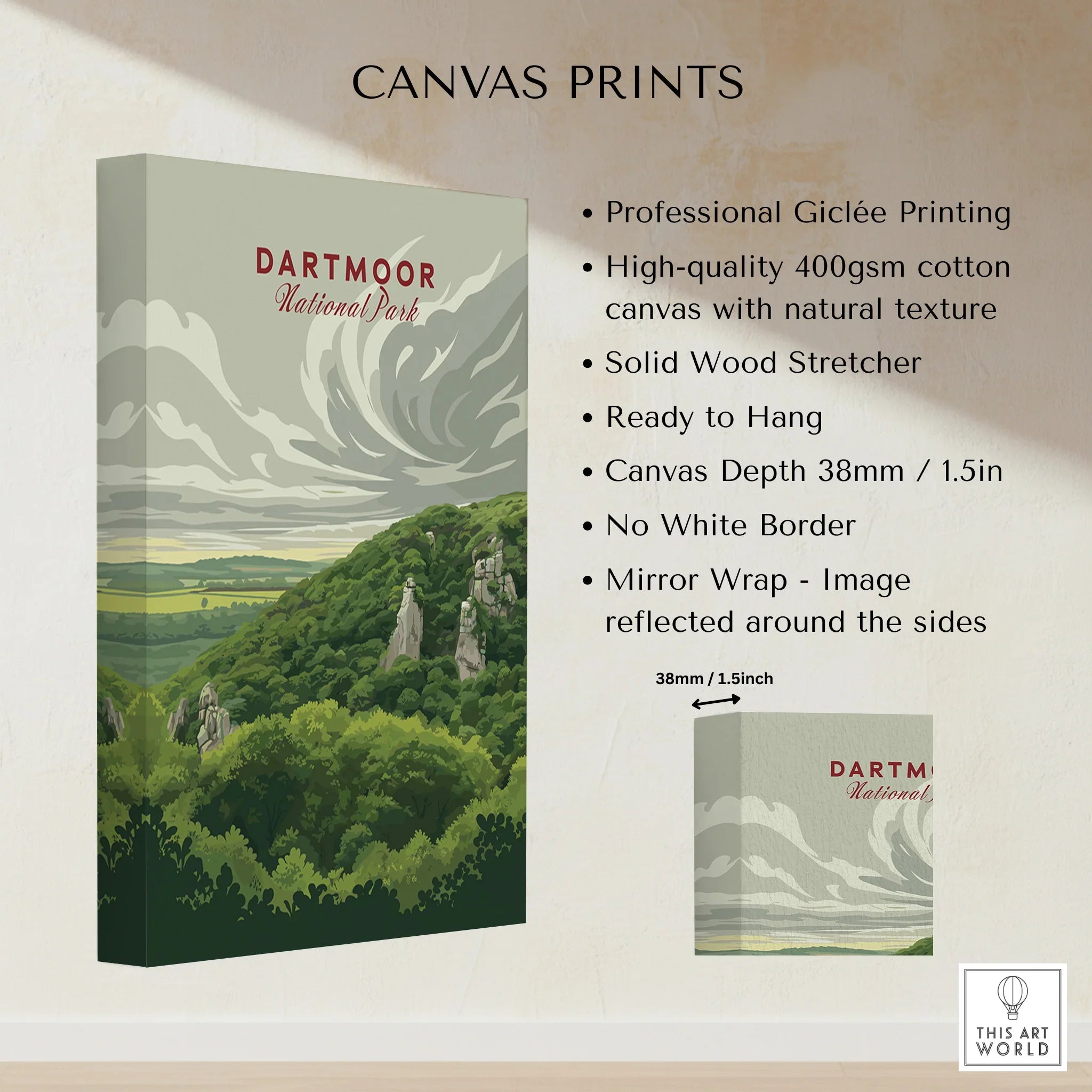 Dartmoor National Park Moorland Travel Poster — canvas print stretched cotton canvas details