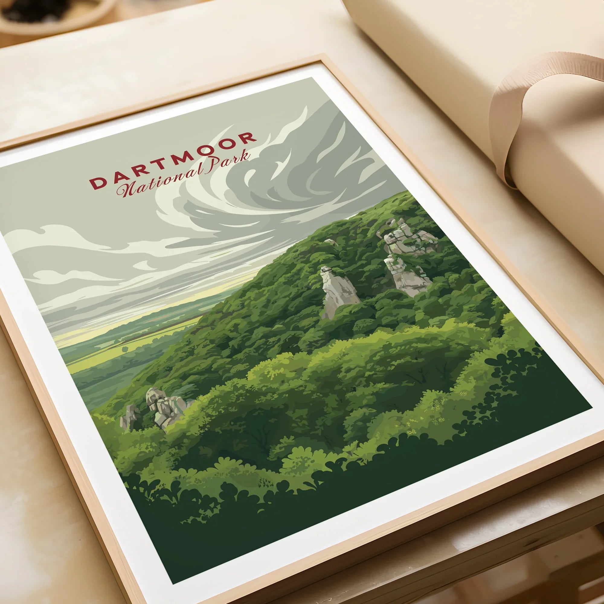 Dartmoor National Park Moorland Travel Poster — framed art print closeup gift unwrapped natural frame