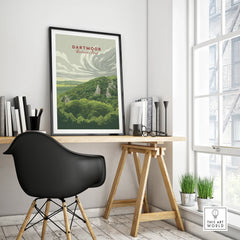 Dartmoor National Park Moorland Travel Poster — framed poster black frame on office desk modern