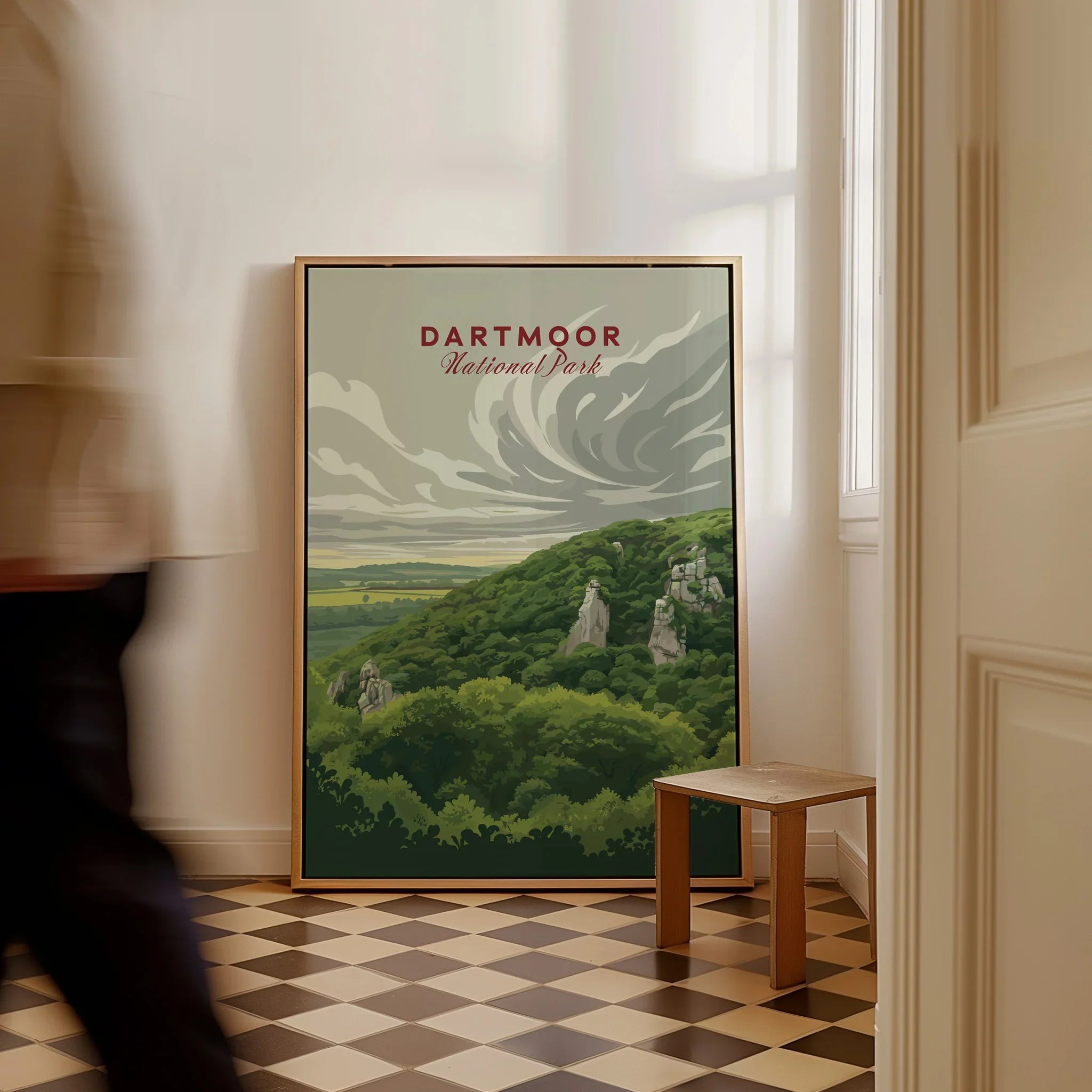 Dartmoor National Park Moorland Travel Poster — framed canvas on floor man walking past