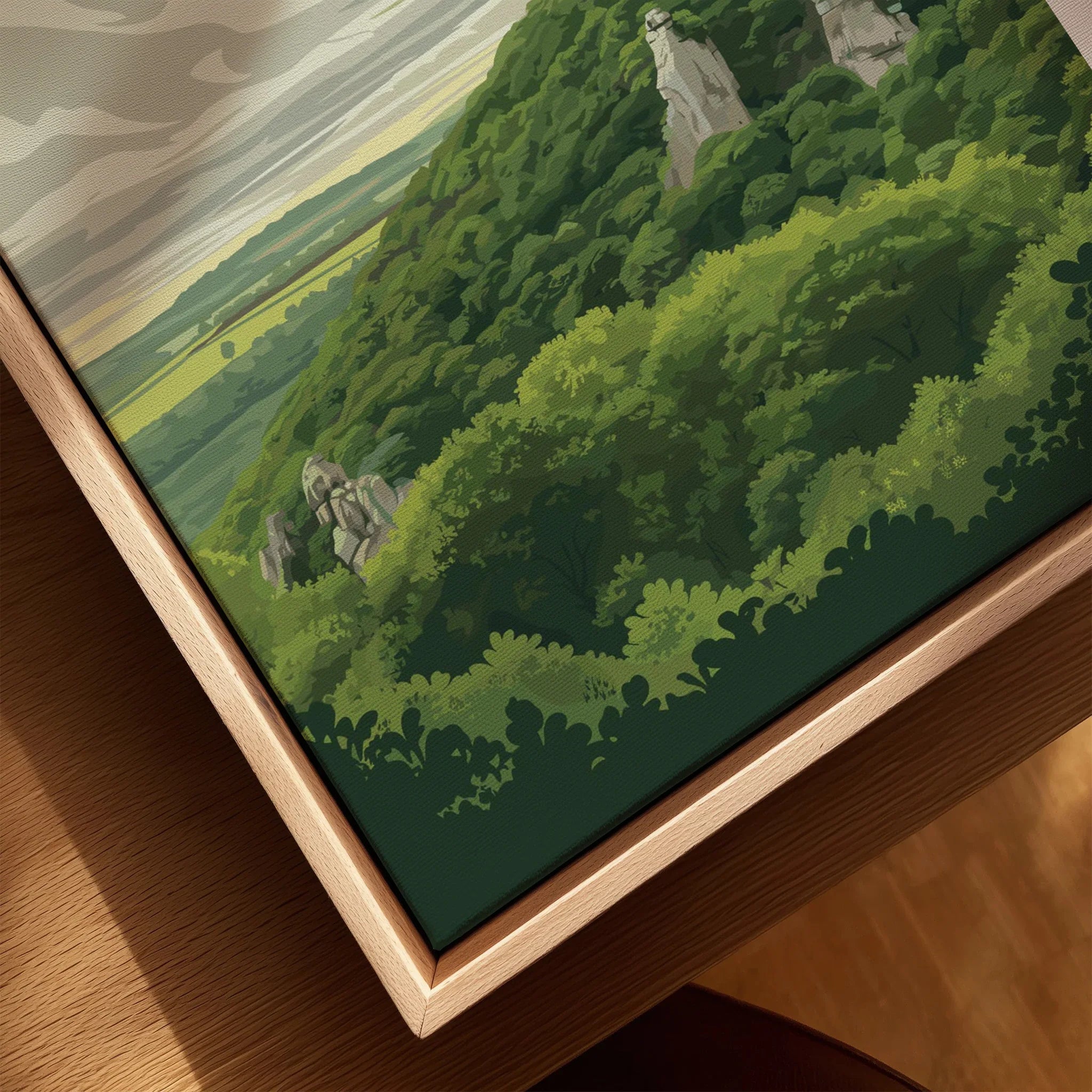 Dartmoor National Park Moorland Travel Poster — closeup framed canvas natural wood floating frame