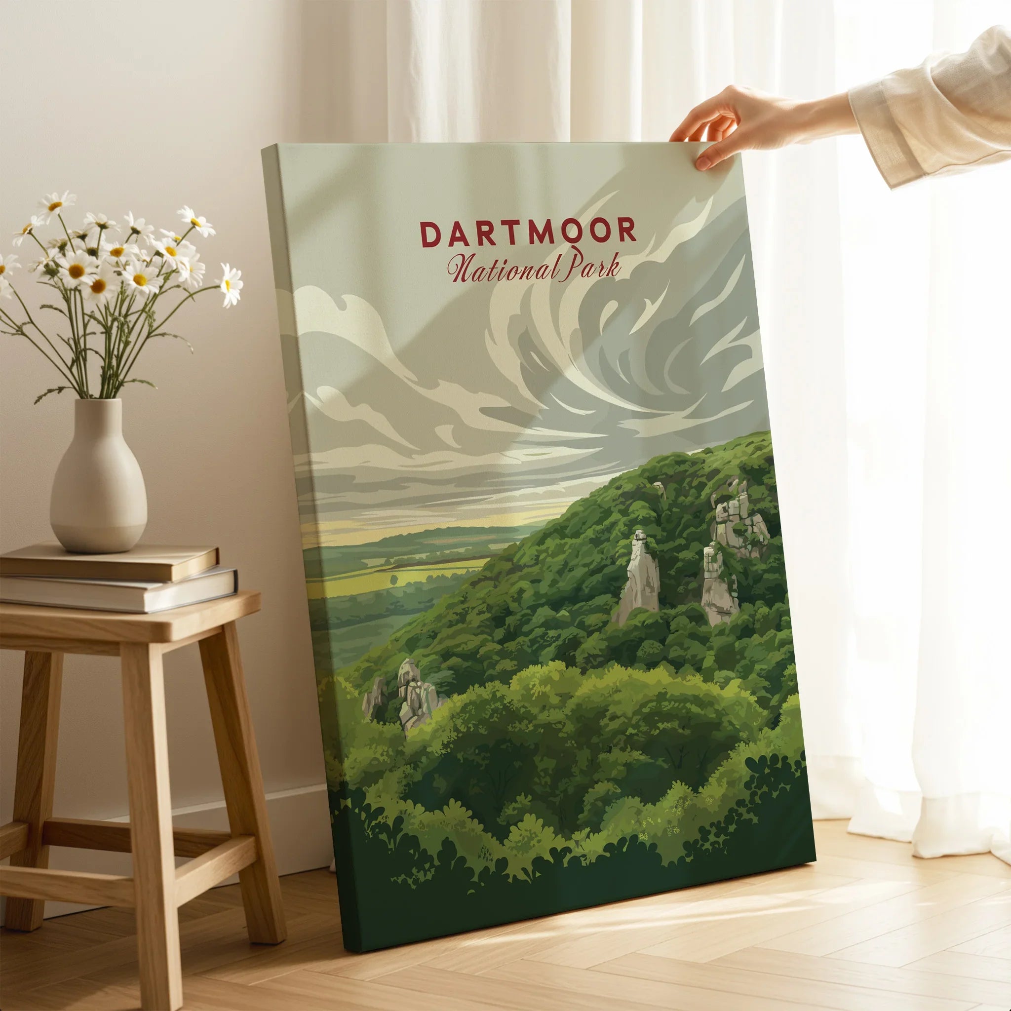 Dartmoor National Park Moorland Travel Poster — canvas print mirror edge hand holding room setting