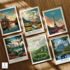 Dartmoor National Park Moorland Travel Poster — set six framed art prints wooden floor natural wood frames