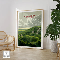 Dartmoor National Park Moorland Travel Poster — large framed print room setting chair plant