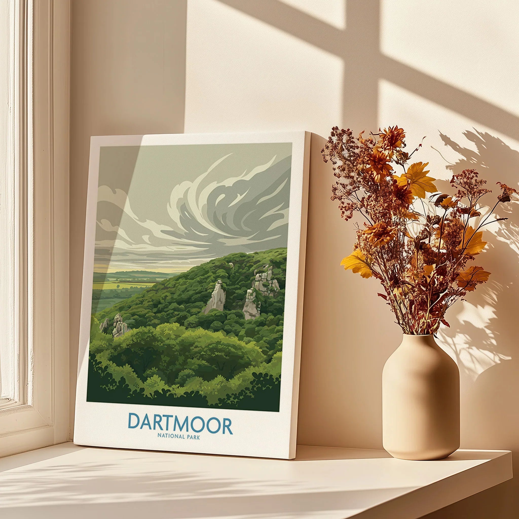 Dartmoor National Park Moorland Wall Art — canvas print window setting with shadows flowers