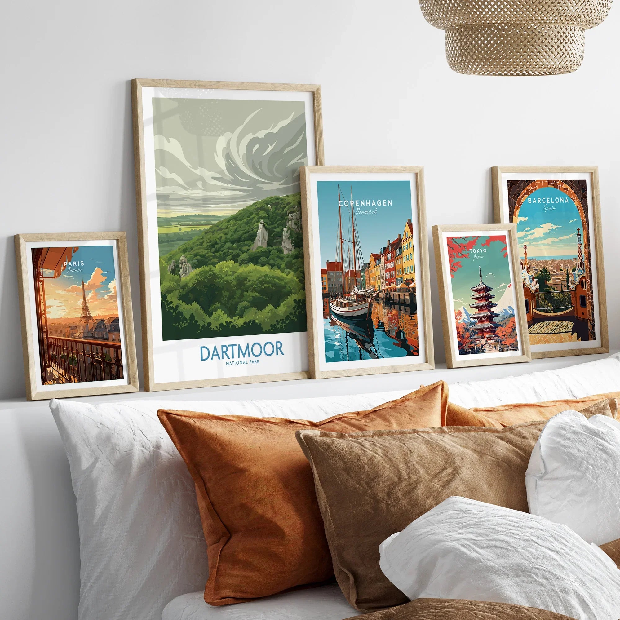 Dartmoor National Park Moorland Wall Art — set five framed artprints above bed natural wood frames