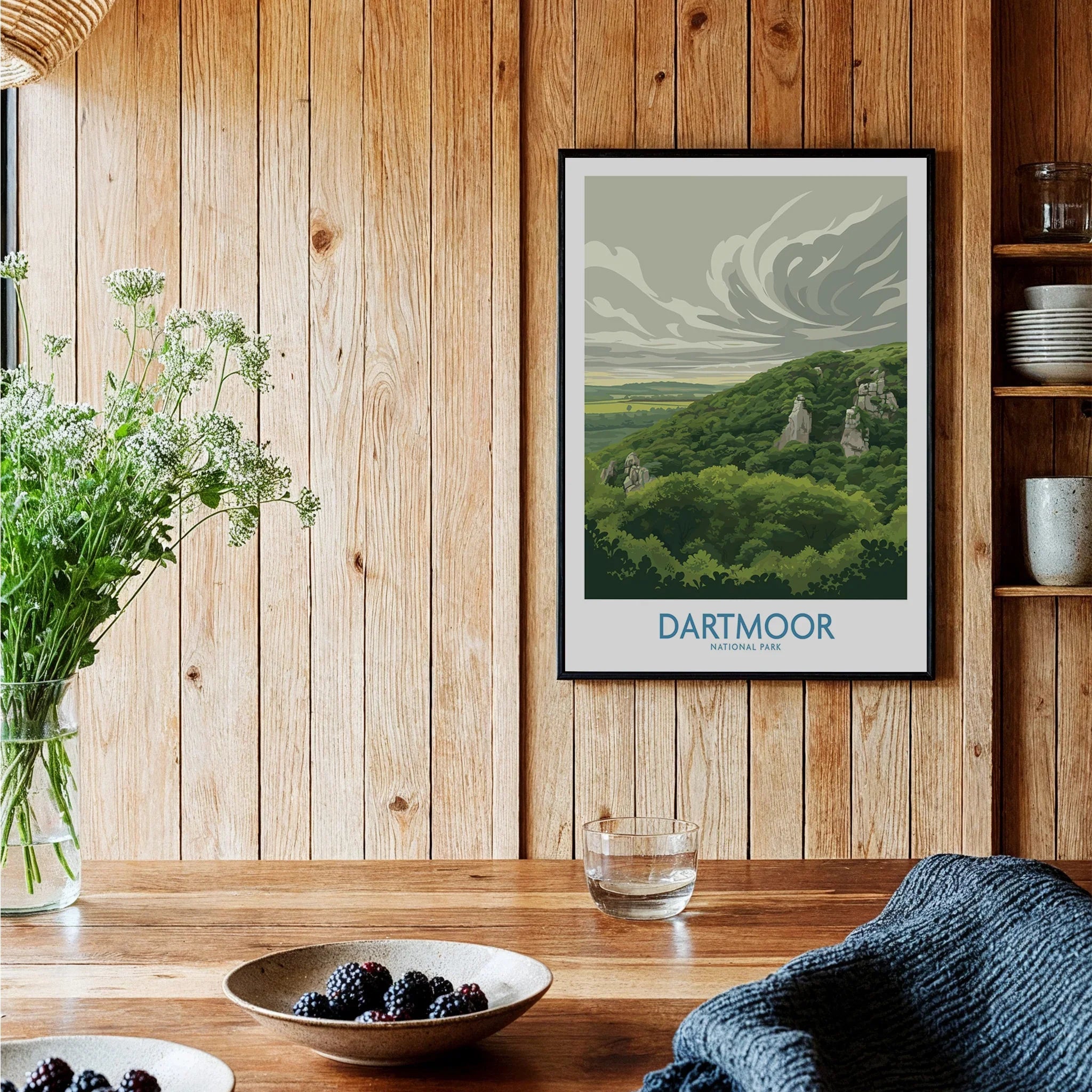 Dartmoor National Park Moorland Wall Art — black framed art print kitchen setting