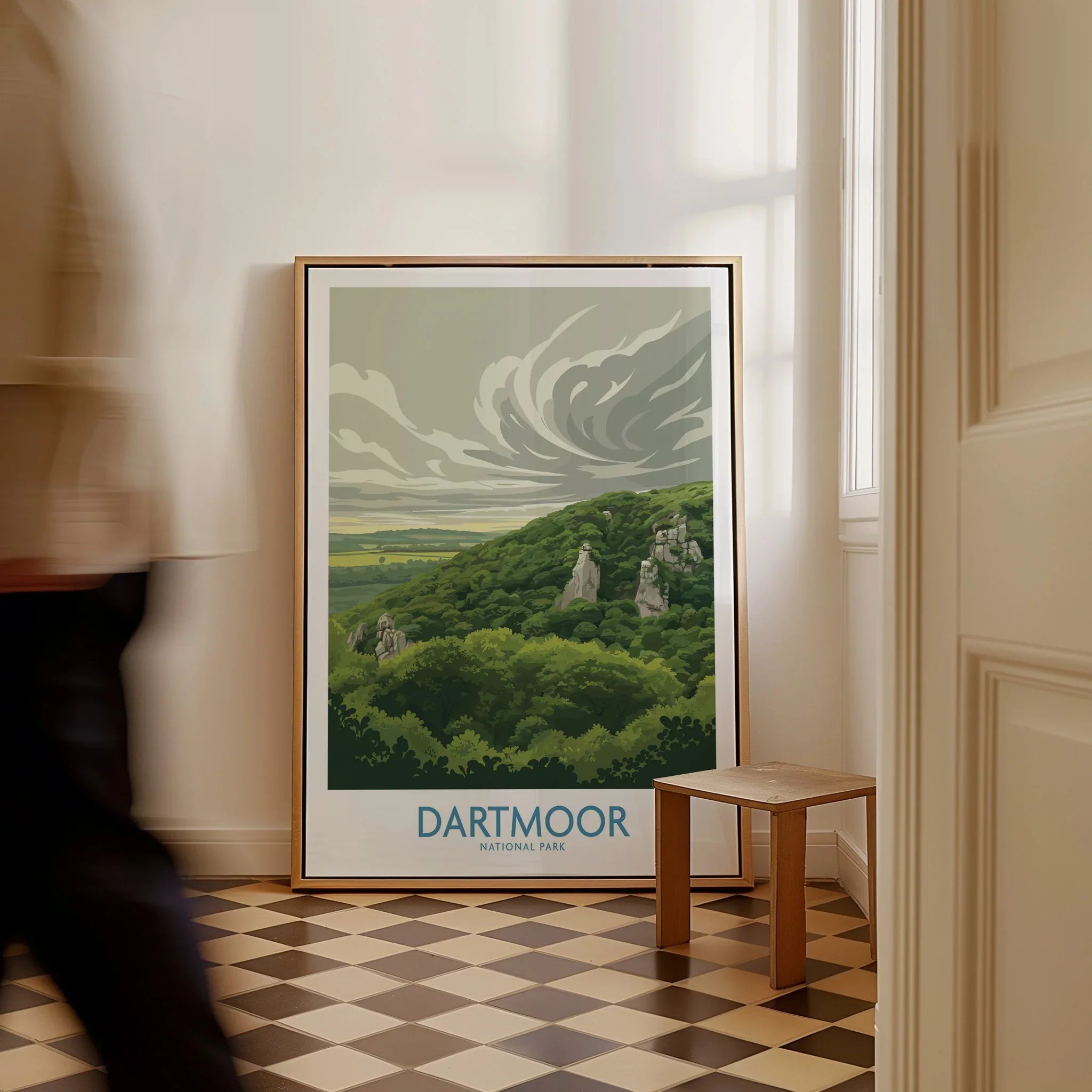 Dartmoor National Park Moorland Wall Art — framed canvas on floor man walking past