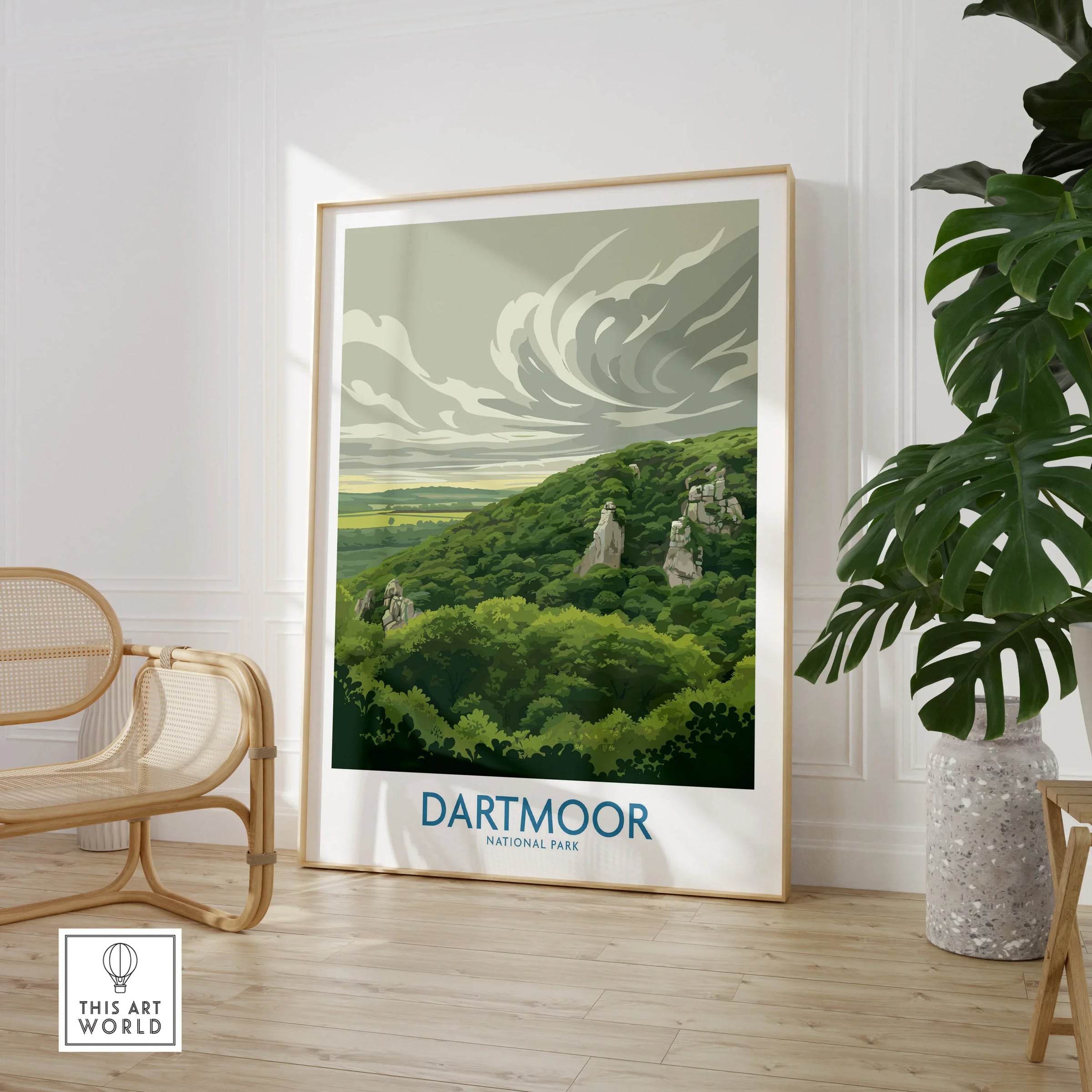 Dartmoor National Park Moorland Wall Art — large framed print room setting chair plant