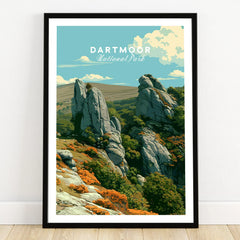 Dartmoor National Park Tor Travel Poster — art print in black frame on wooden floor