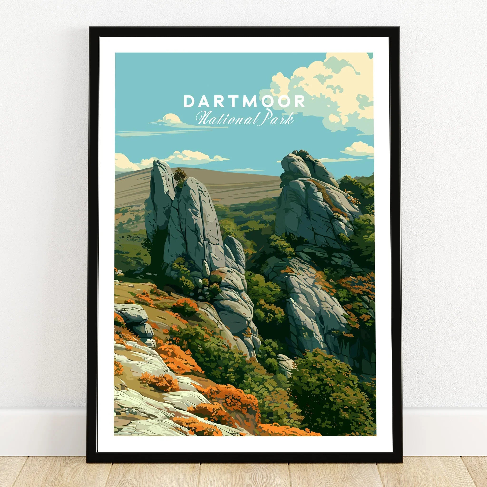 Dartmoor National Park Tor Travel Poster — art print in black frame on wooden floor