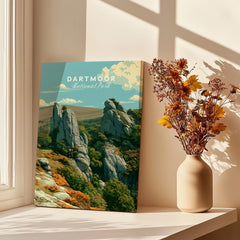 Dartmoor National Park Tor Travel Poster — canvas print window setting with shadows flowers