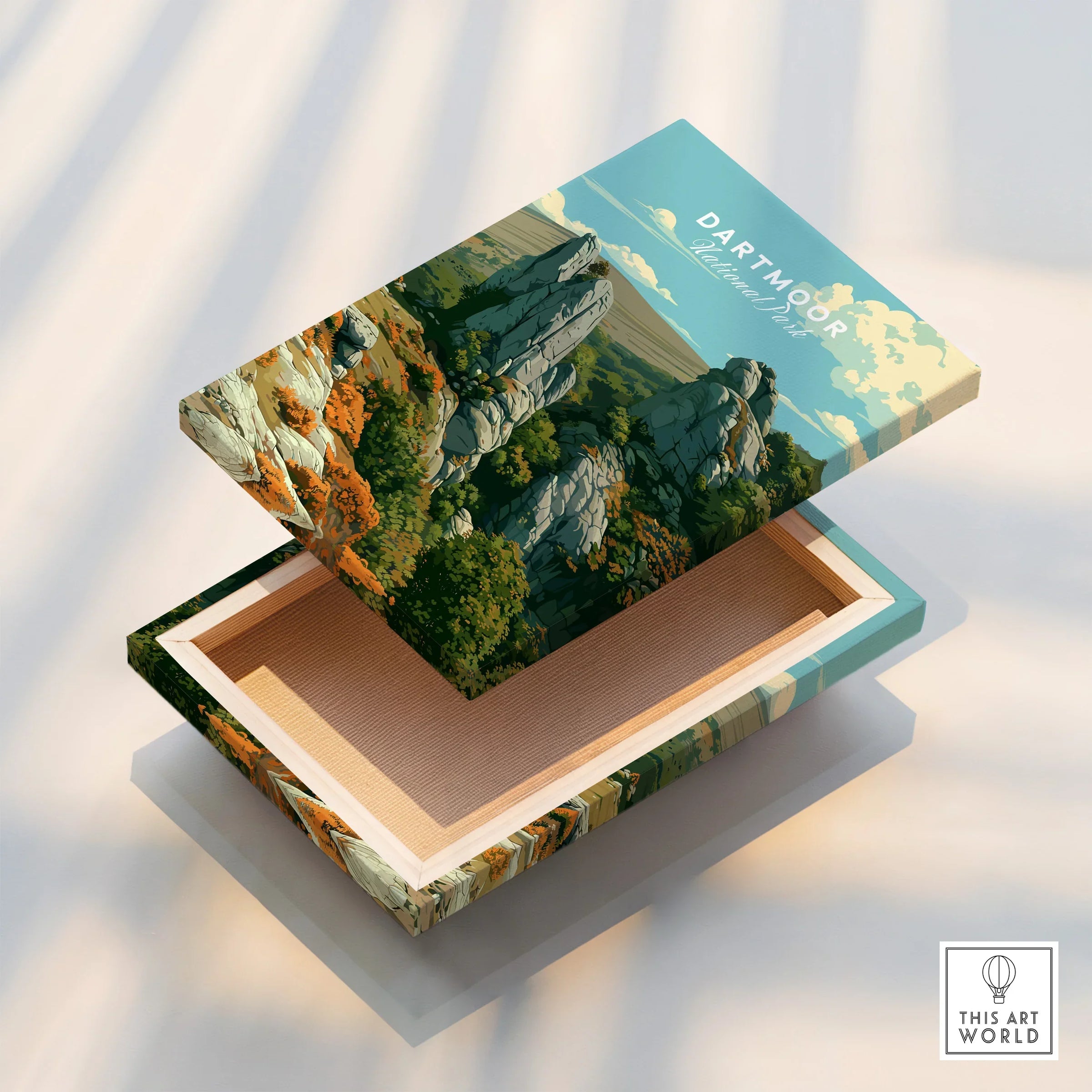 Dartmoor National Park Tor Travel Poster — stretched canvas print floating detail mirror edge