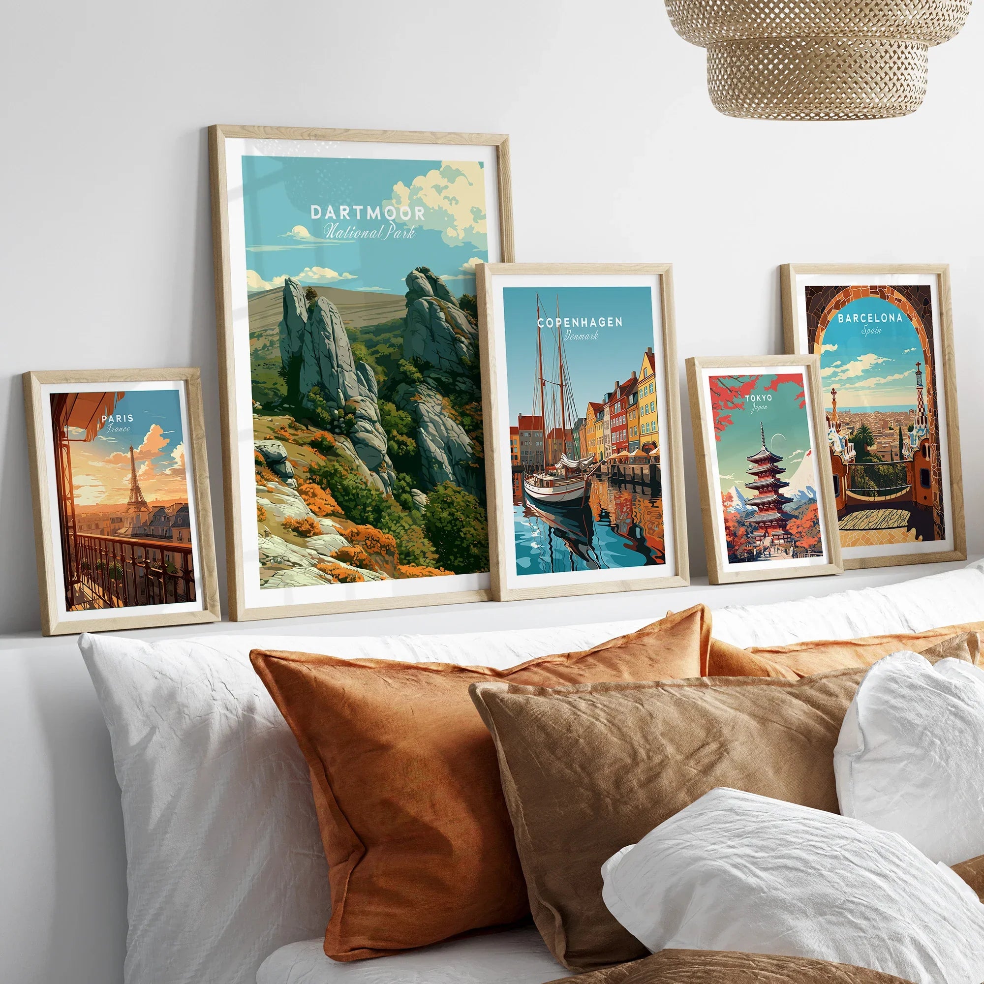 Dartmoor National Park Tor Travel Poster — set five framed artprints above bed natural wood frames