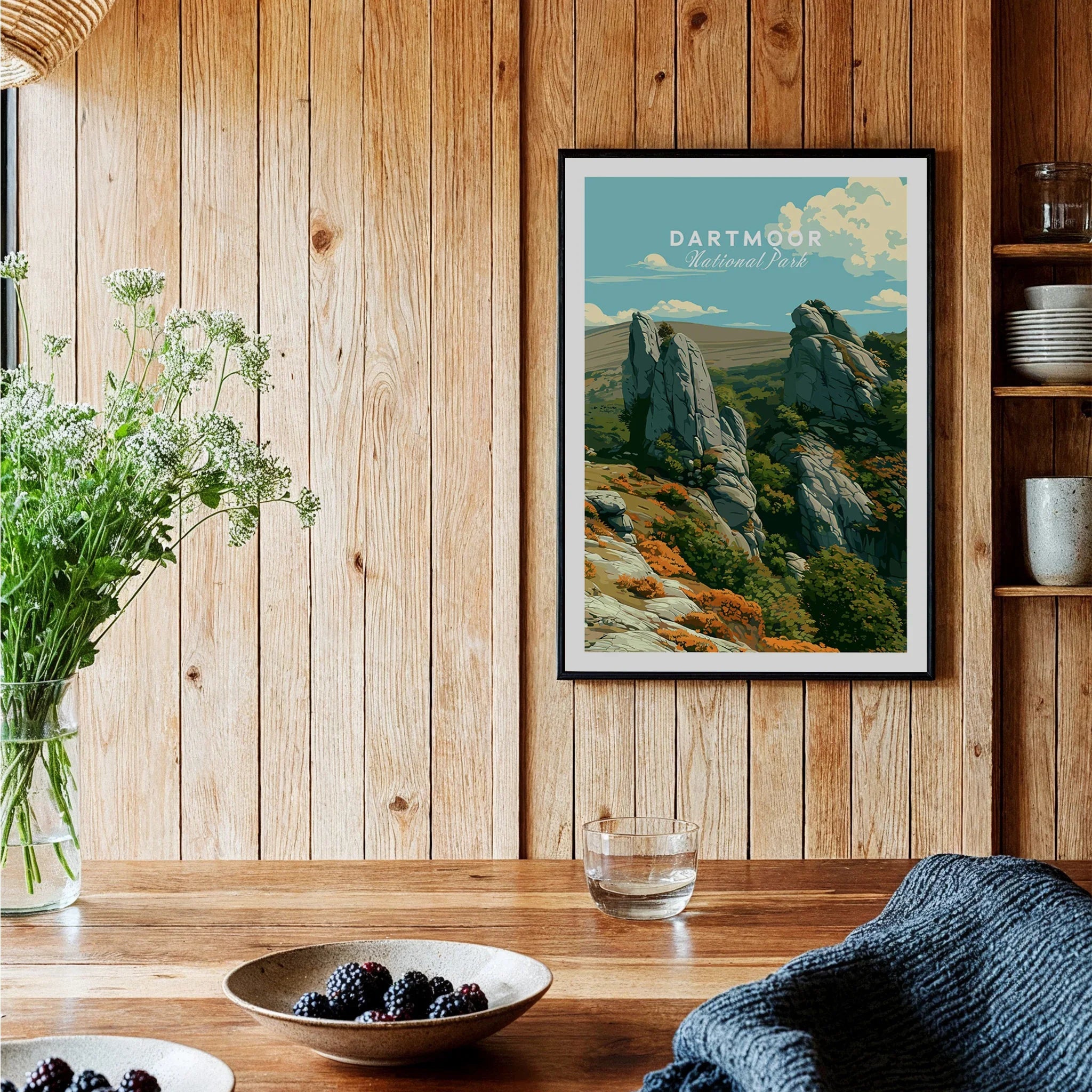 Dartmoor National Park Tor Travel Poster — black framed art print kitchen setting