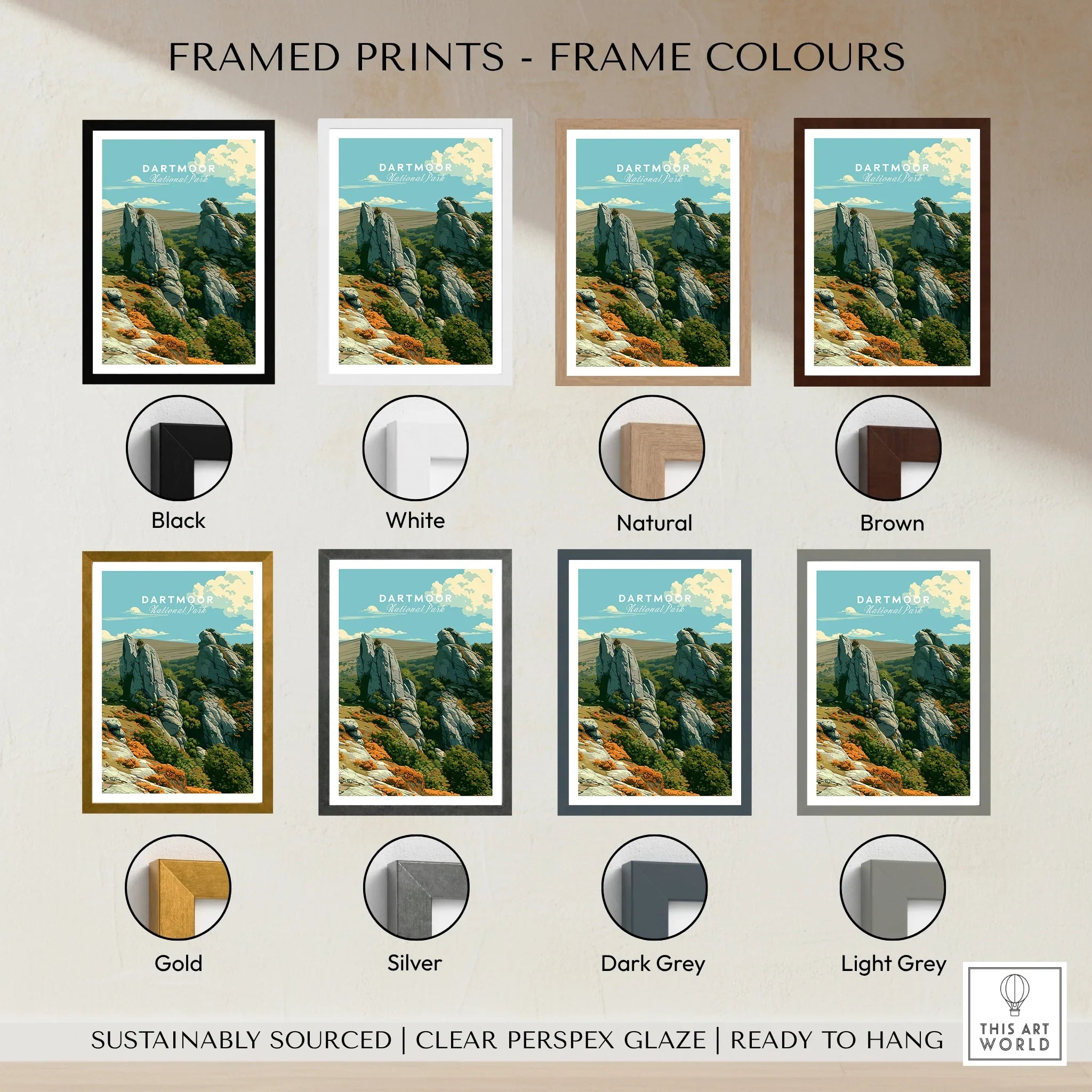 Dartmoor National Park Tor Travel Poster — framed print colour options