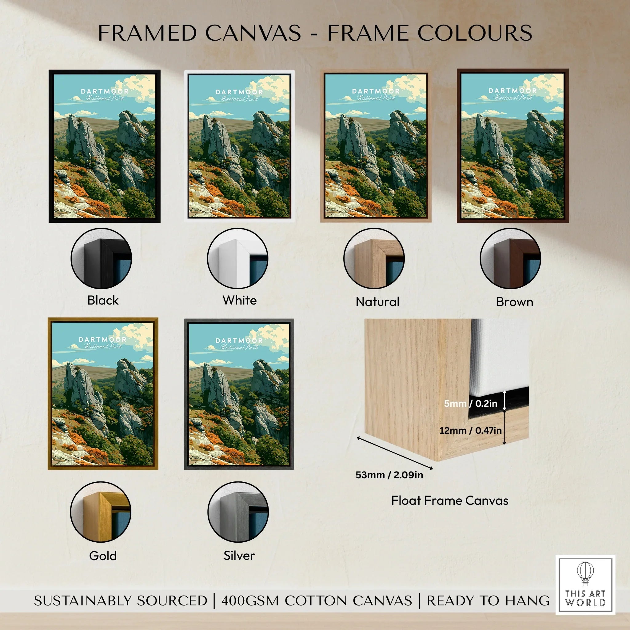 Dartmoor National Park Tor Travel Poster — framed canvas float frame colour options
