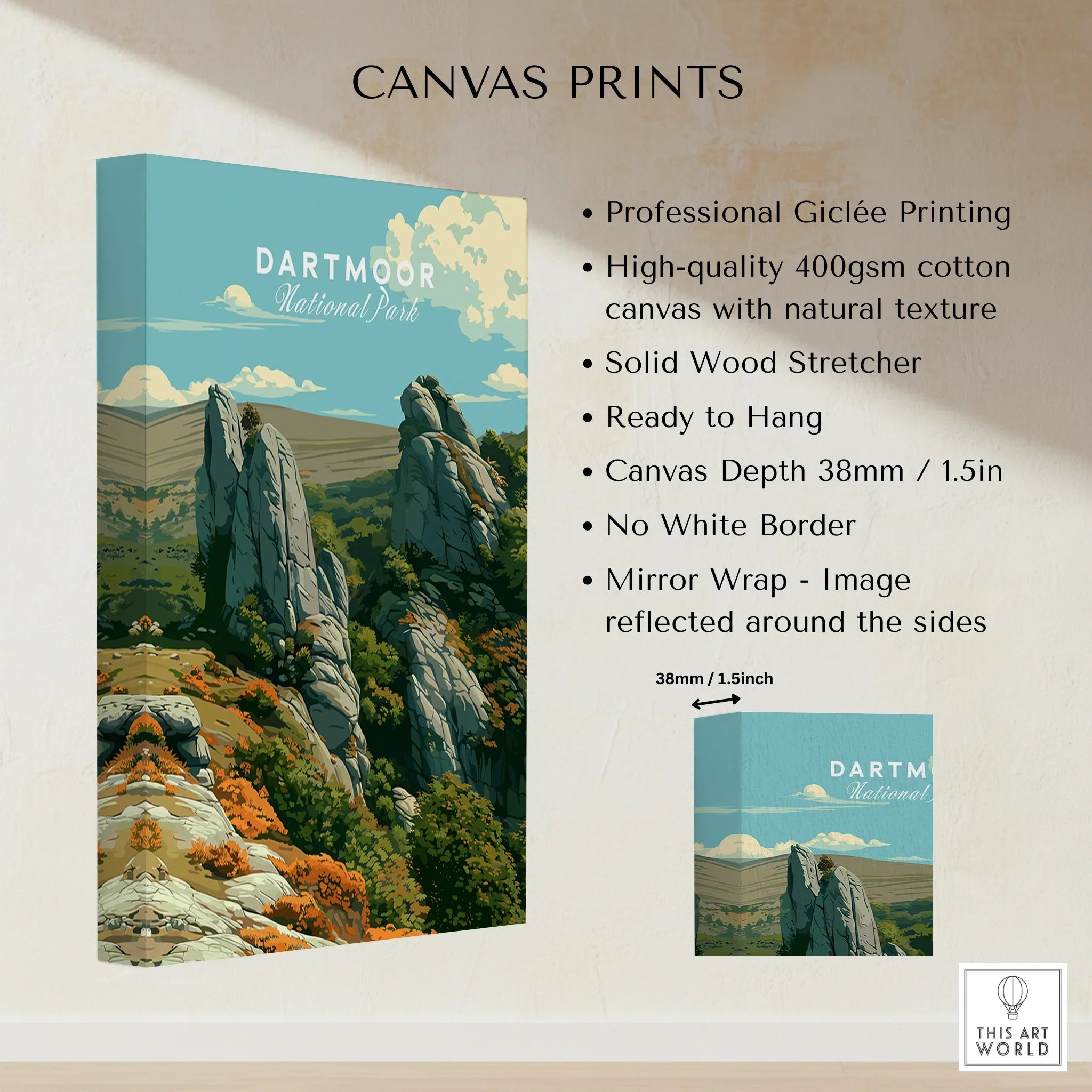 Dartmoor National Park Tor Travel Poster — canvas print stretched cotton canvas details