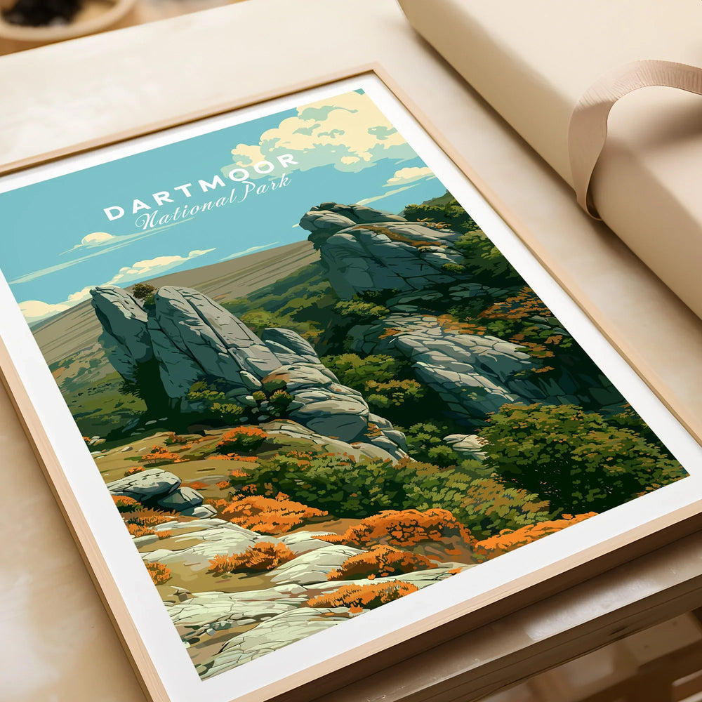 Dartmoor National Park Tor Travel Poster — framed art print closeup gift unwrapped natural frame