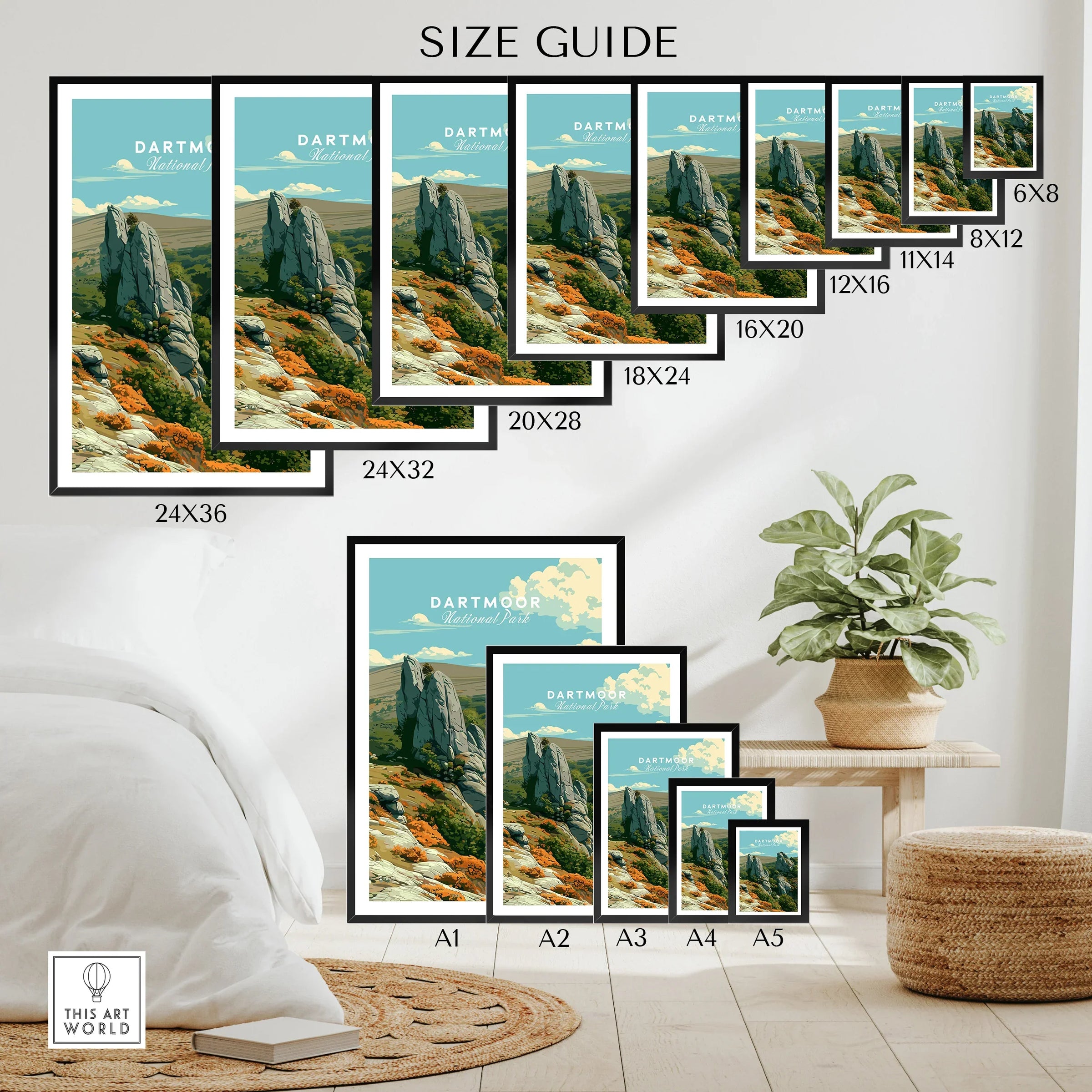 Dartmoor National Park Tor Travel Poster — wall art poster size guide thisartworld