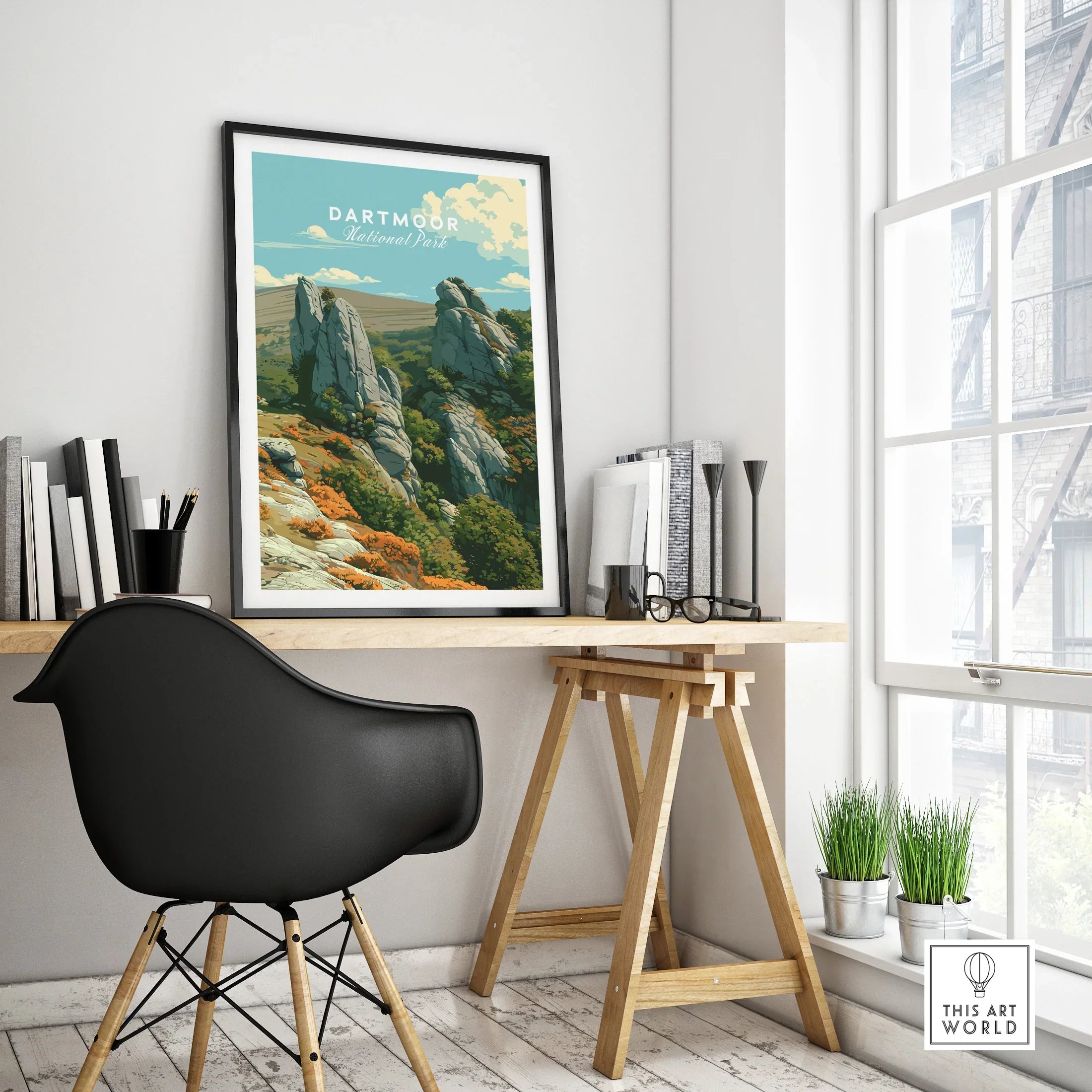 Dartmoor National Park Tor Travel Poster — framed poster black frame on office desk modern