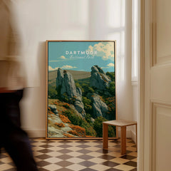 Dartmoor National Park Tor Travel Poster — framed canvas on floor man walking past
