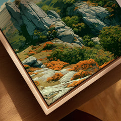 Dartmoor National Park Tor Travel Poster — closeup framed canvas natural wood floating frame