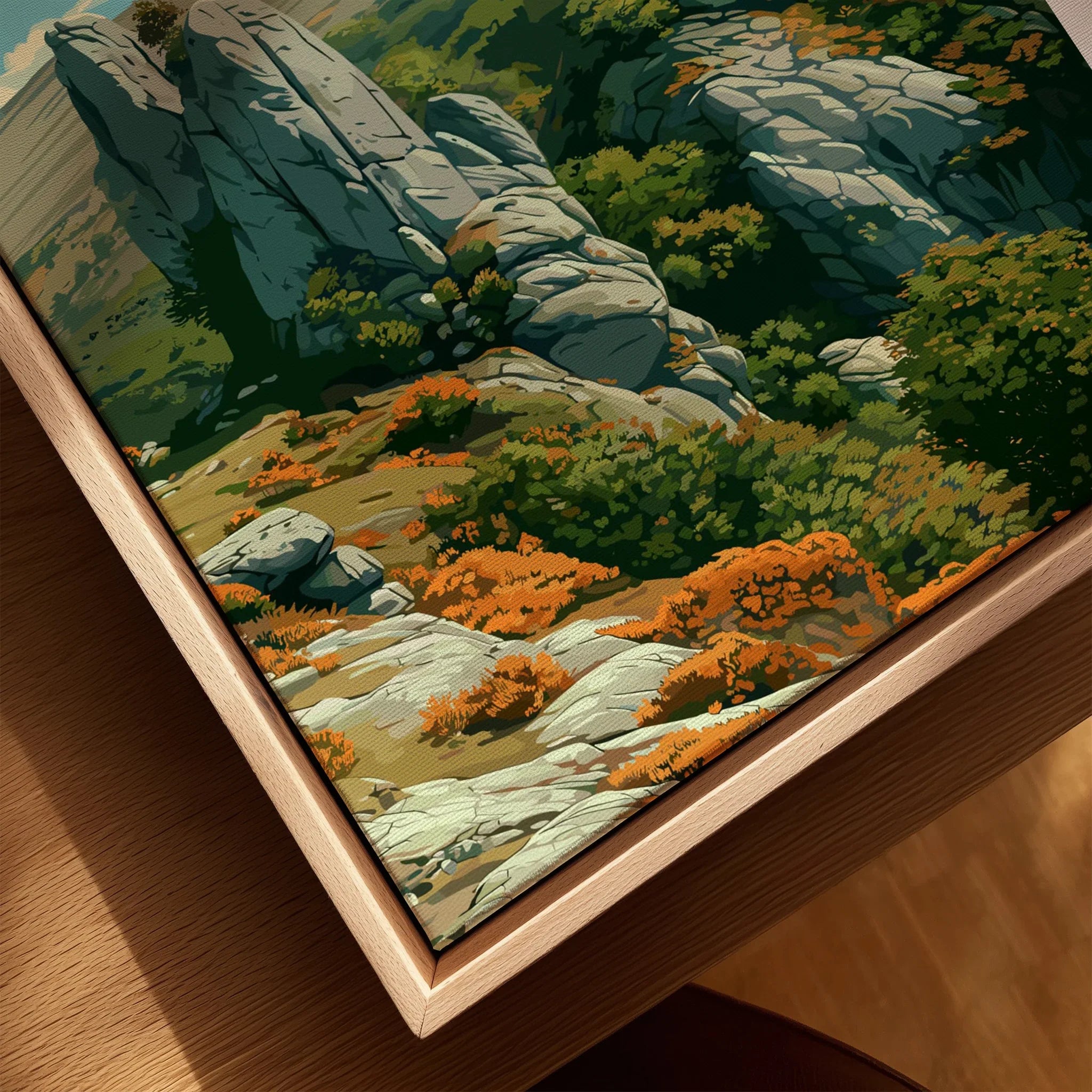 Dartmoor National Park Tor Travel Poster — closeup framed canvas natural wood floating frame