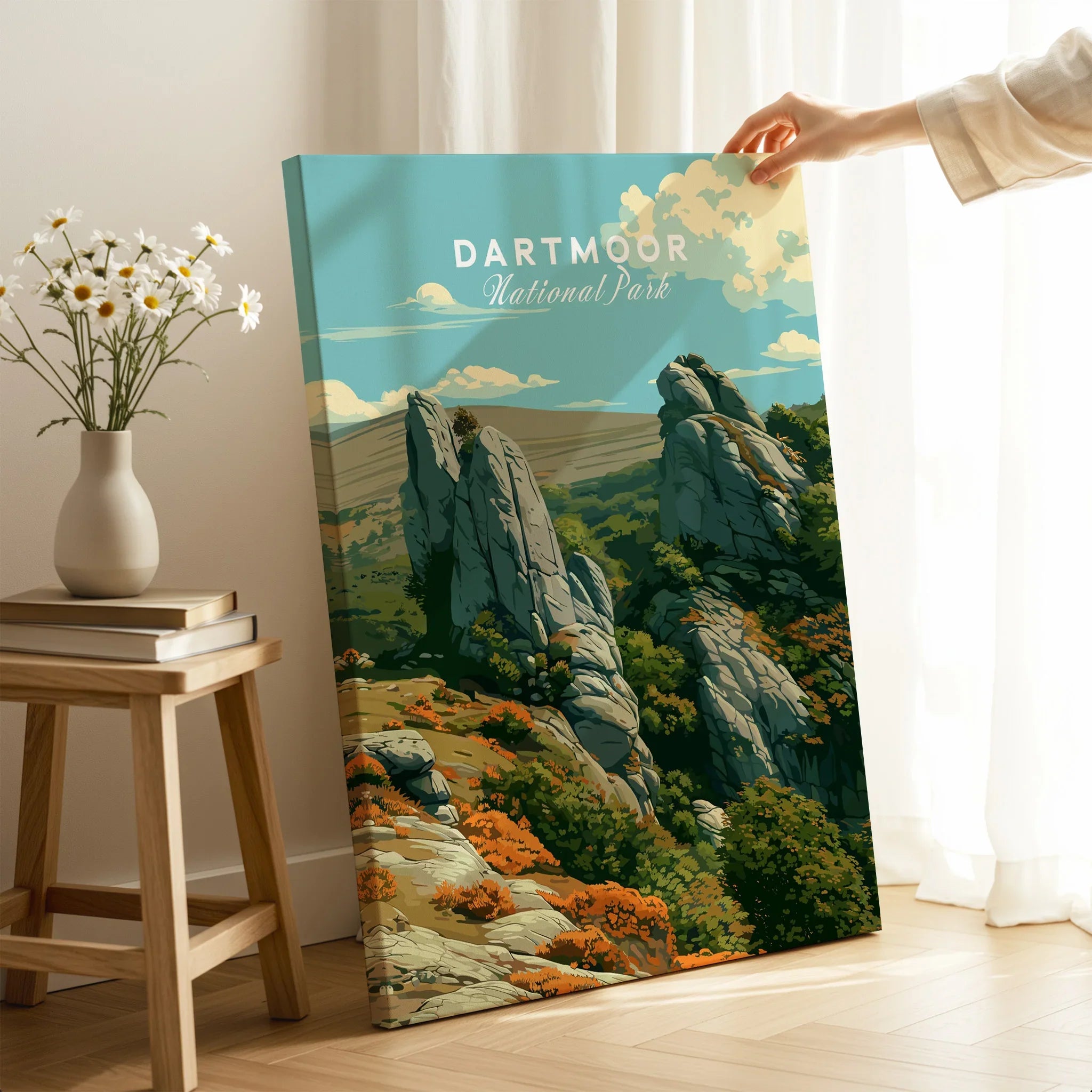 Dartmoor National Park Tor Travel Poster — canvas print mirror edge hand holding room setting