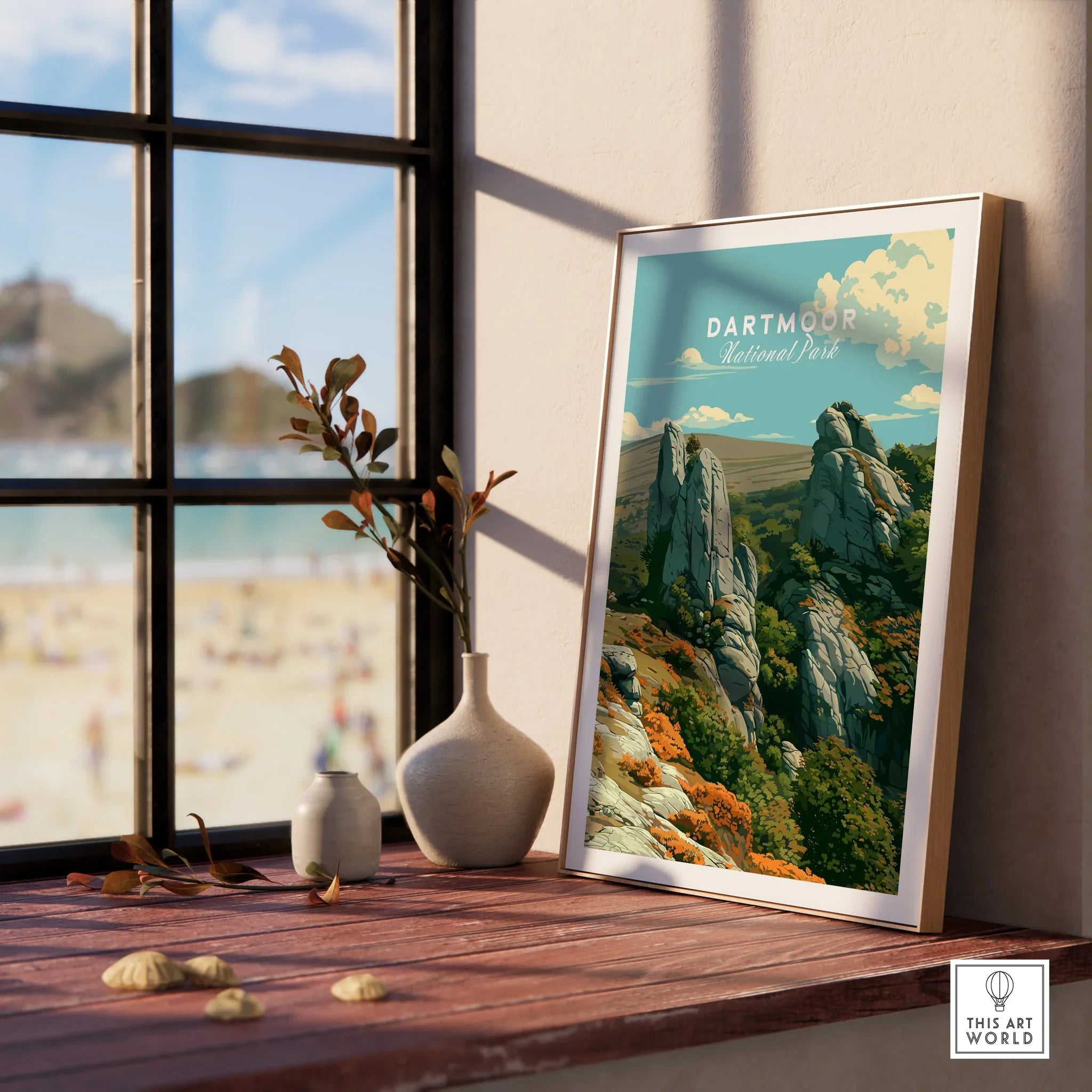 Dartmoor National Park Tor Travel Poster — framed print window view natural wood frame
