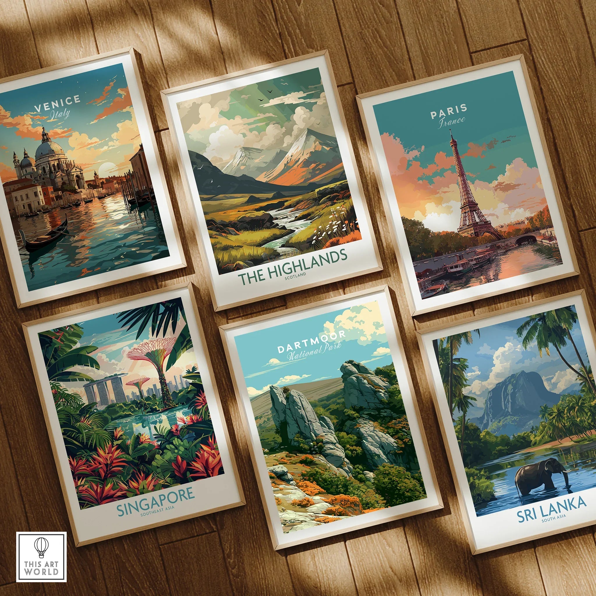 Dartmoor National Park Tor Travel Poster — set six framed art prints wooden floor natural wood frames