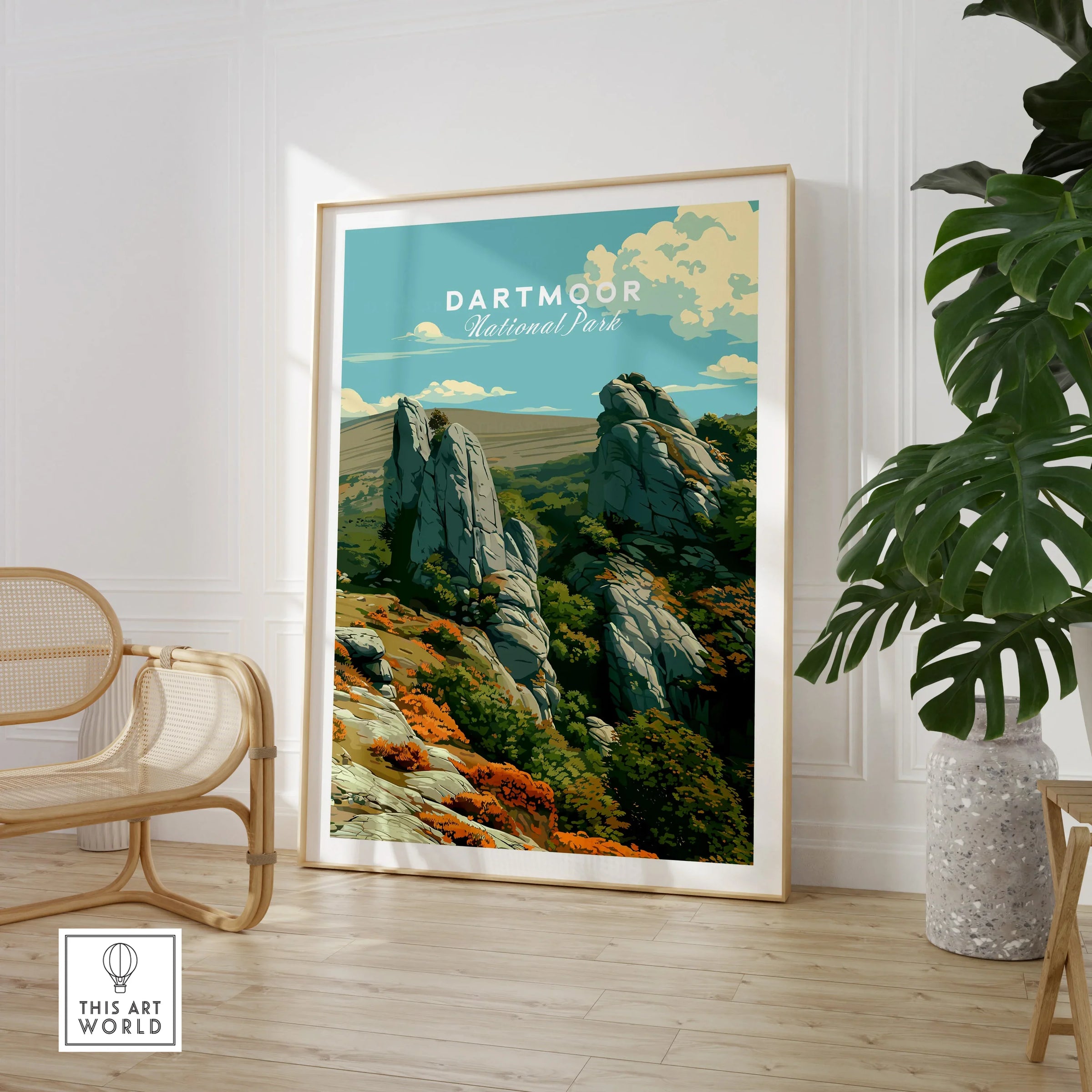 Dartmoor National Park Tor Travel Poster — large framed print room setting chair plant