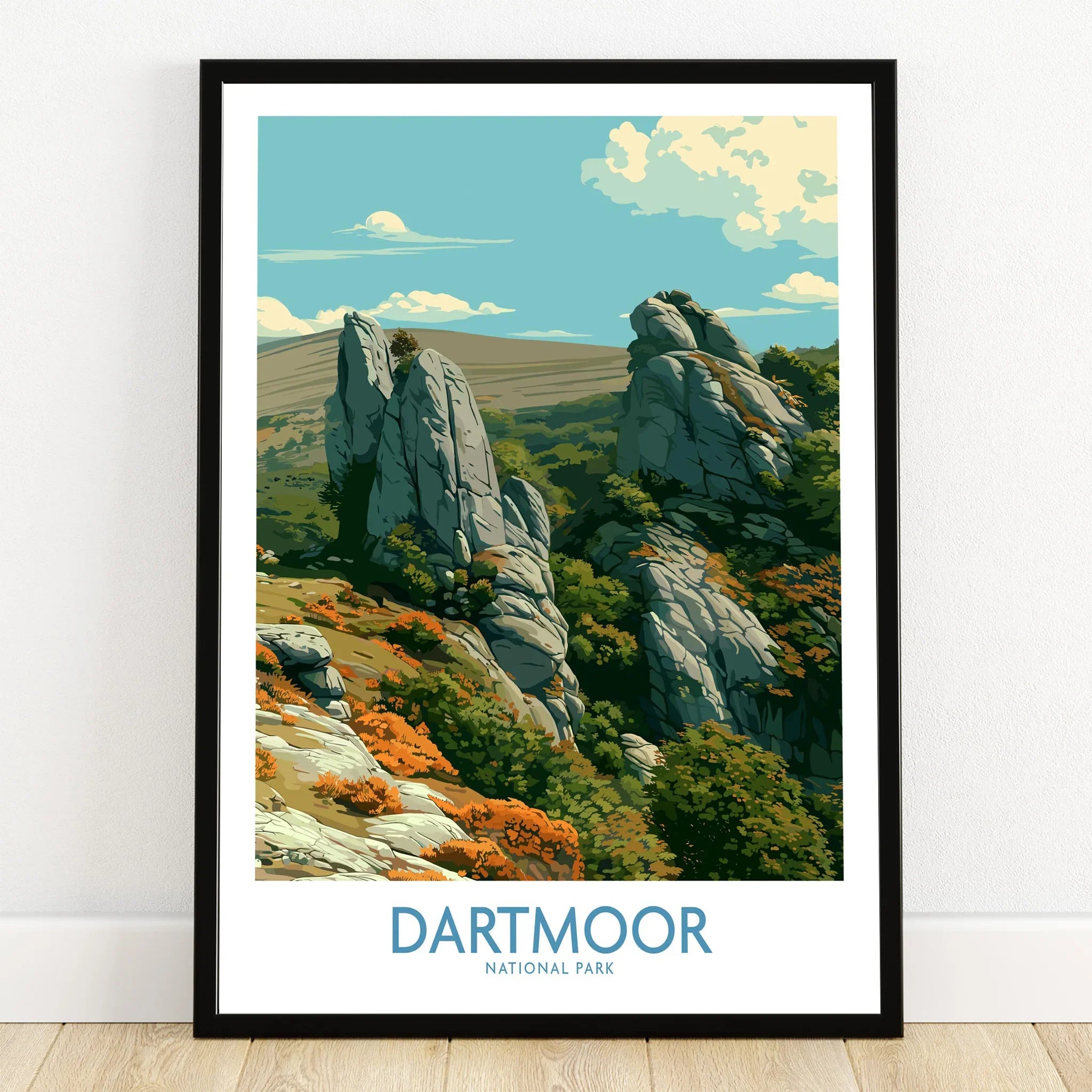 Dartmoor National Park Tor Wall Art — art print in black frame on wooden floor