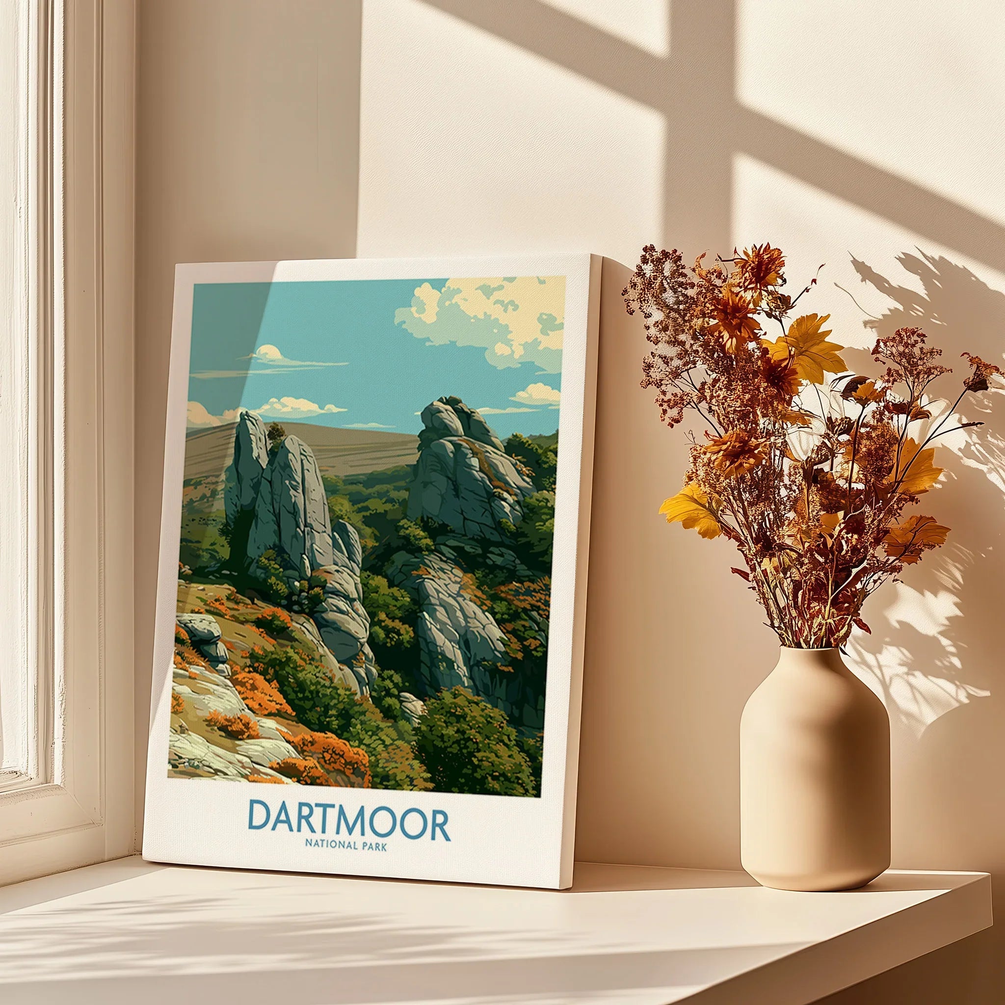 Dartmoor National Park Tor Wall Art — canvas print window setting with shadows flowers
