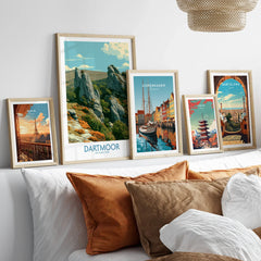 Dartmoor National Park Tor Wall Art — set five framed artprints above bed natural wood frames