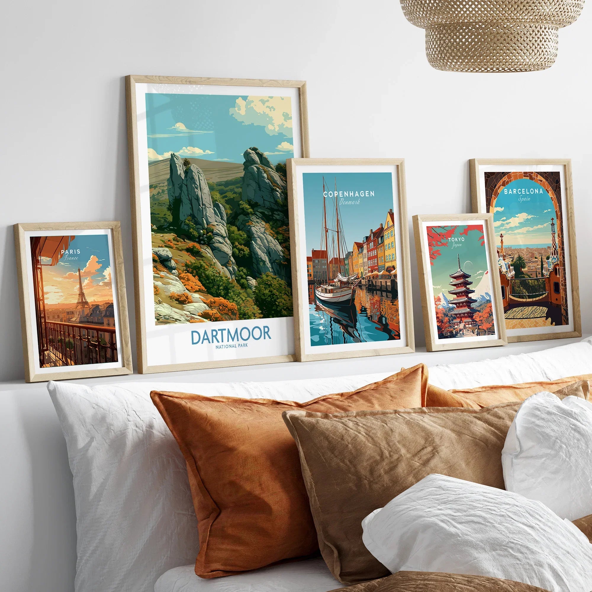 Dartmoor National Park Tor Wall Art — set five framed artprints above bed natural wood frames