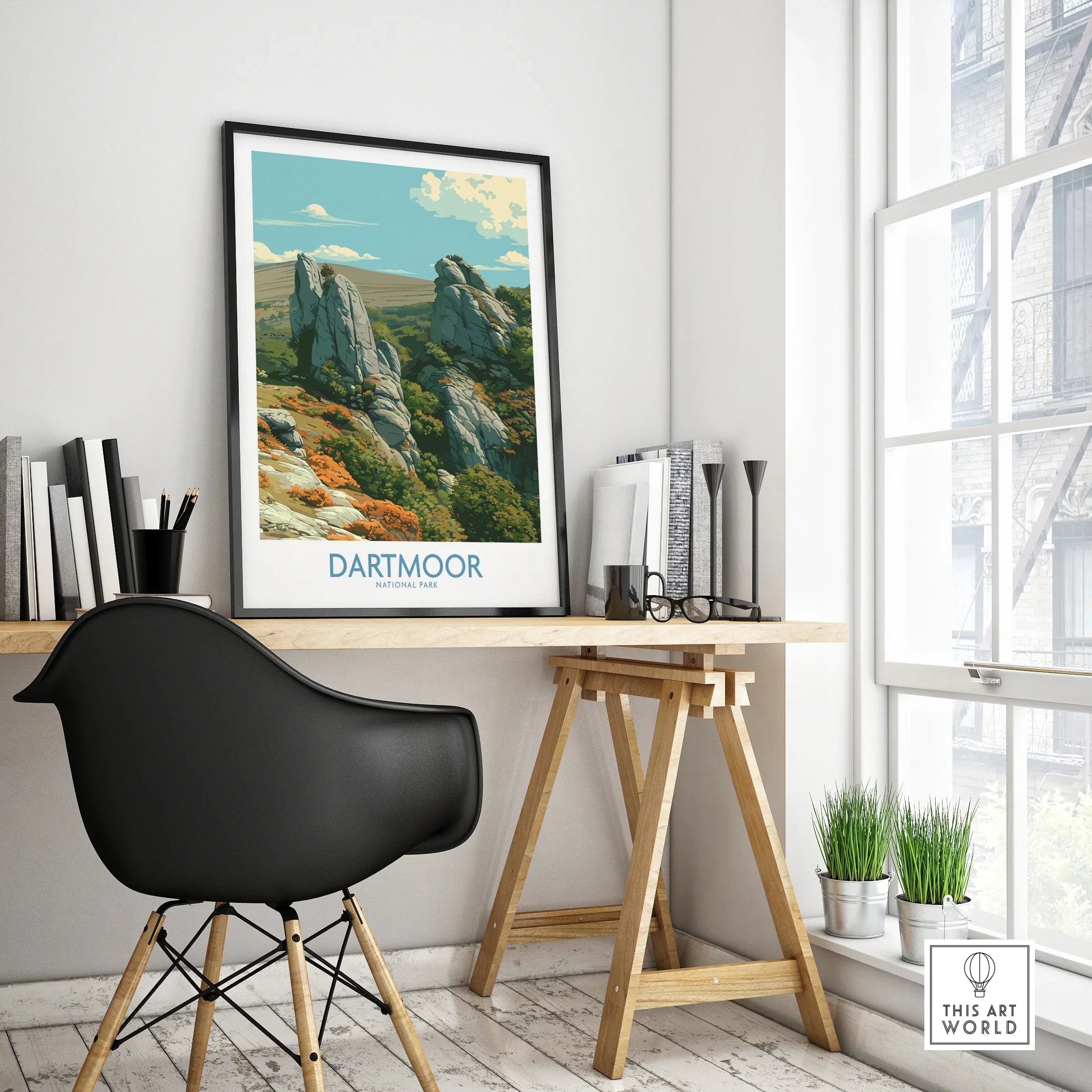 Dartmoor National Park Tor Wall Art — framed poster black frame on office desk modern