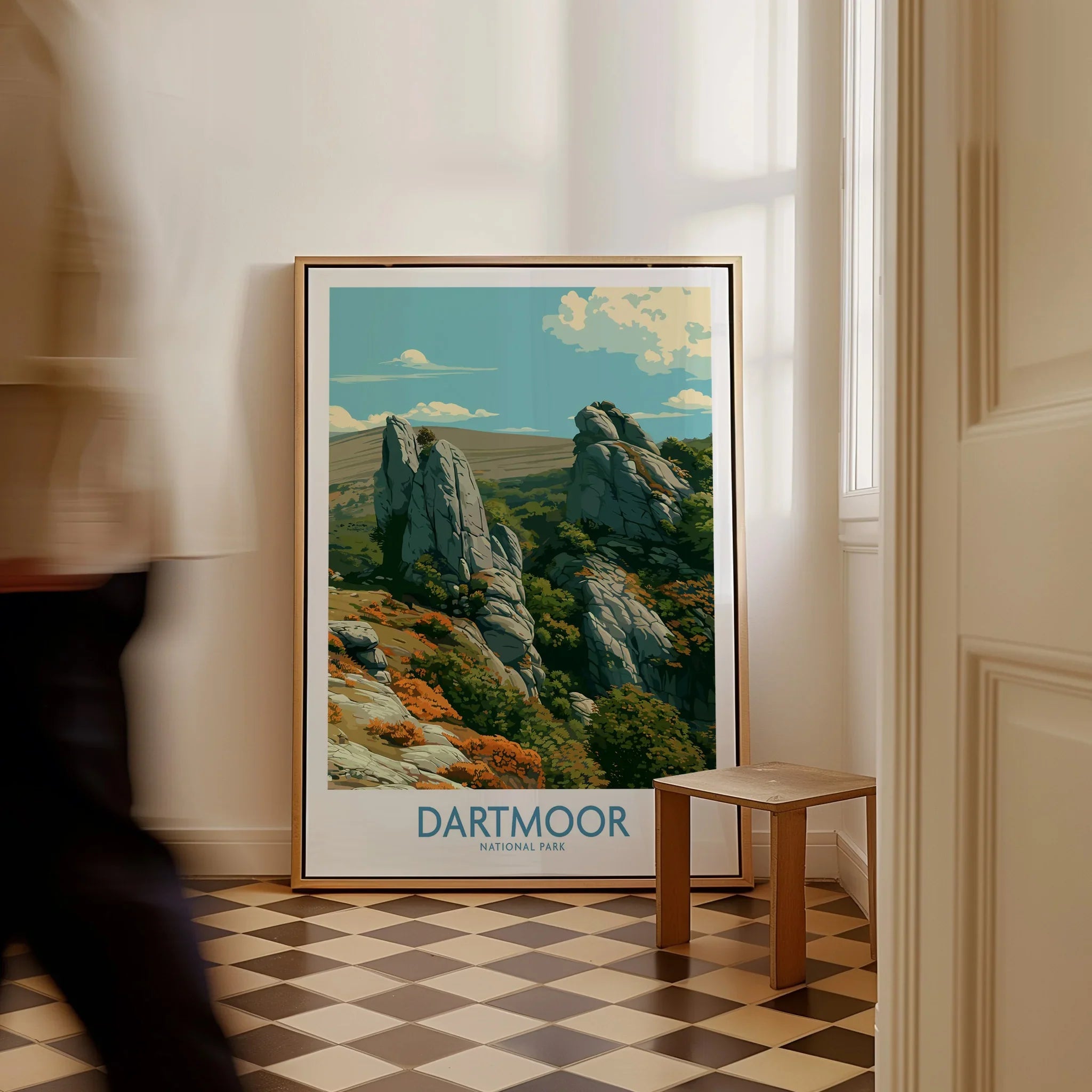 Dartmoor National Park Tor Wall Art — framed canvas on floor man walking past