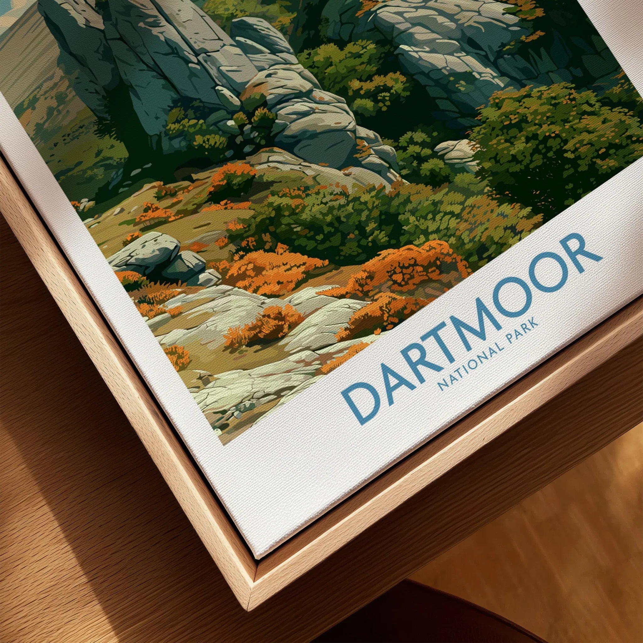 Dartmoor National Park Tor Wall Art — closeup framed canvas natural wood floating frame