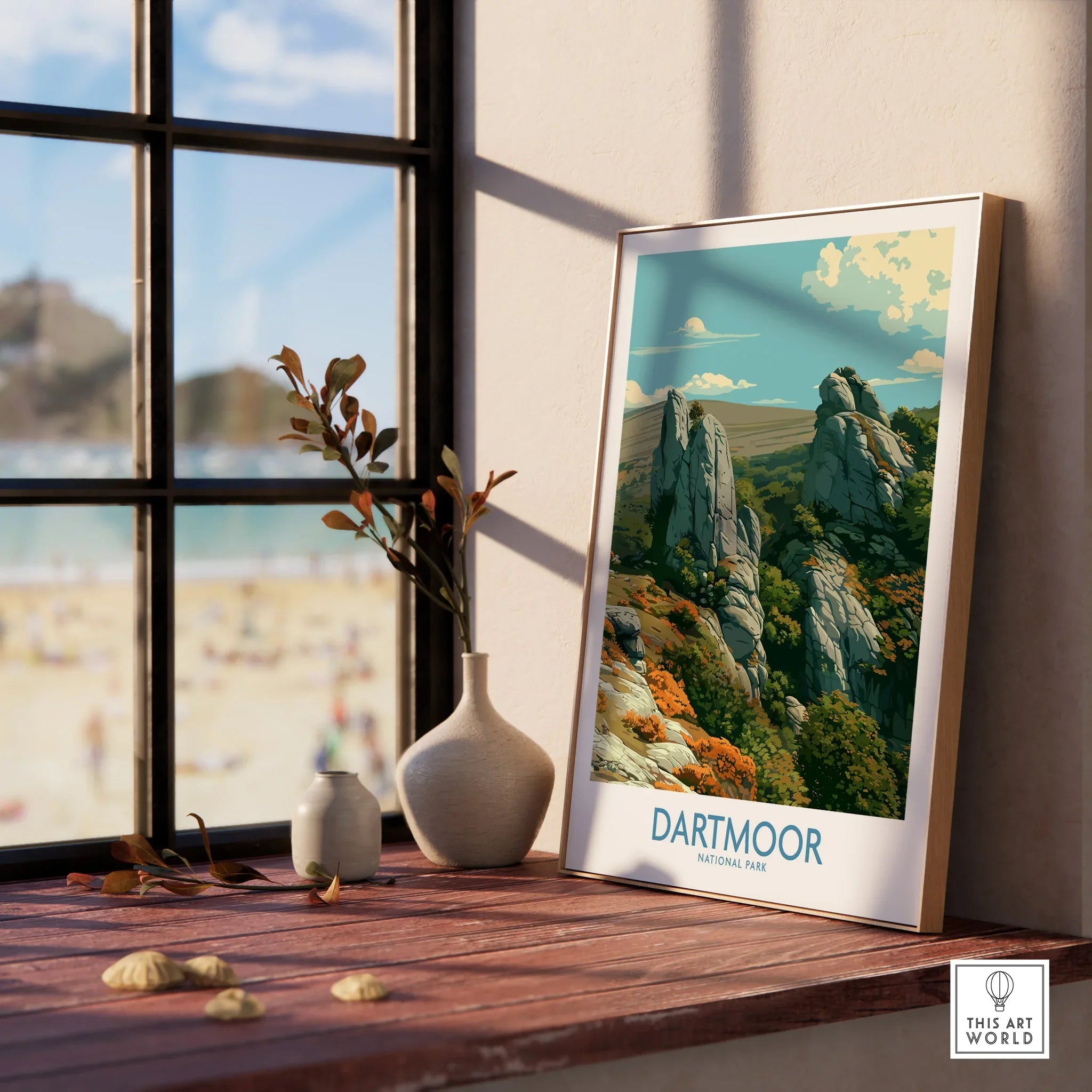 Dartmoor National Park Tor Wall Art — framed print window view natural wood frame