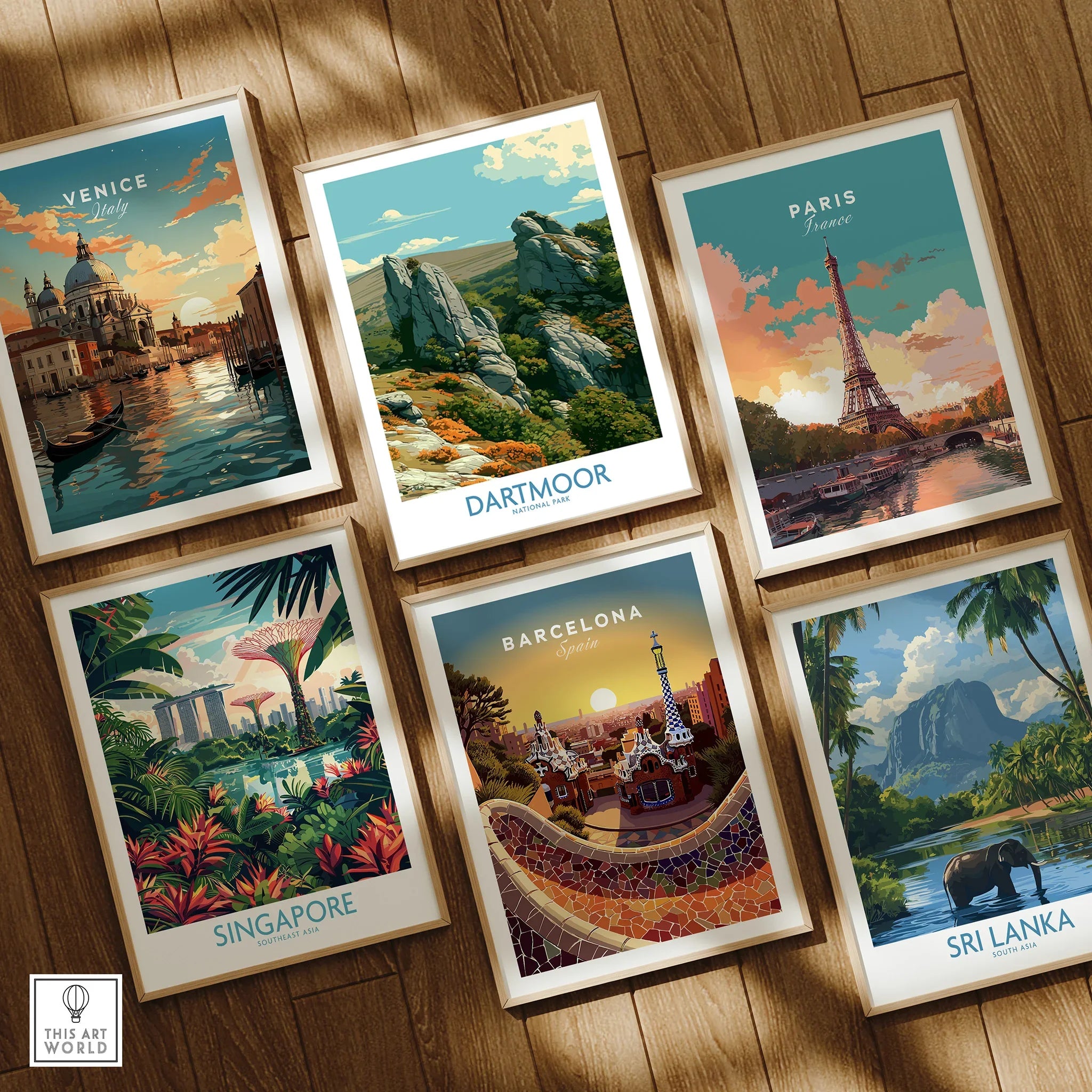 Dartmoor National Park Tor Wall Art — set six framed art prints wooden floor natural wood frames