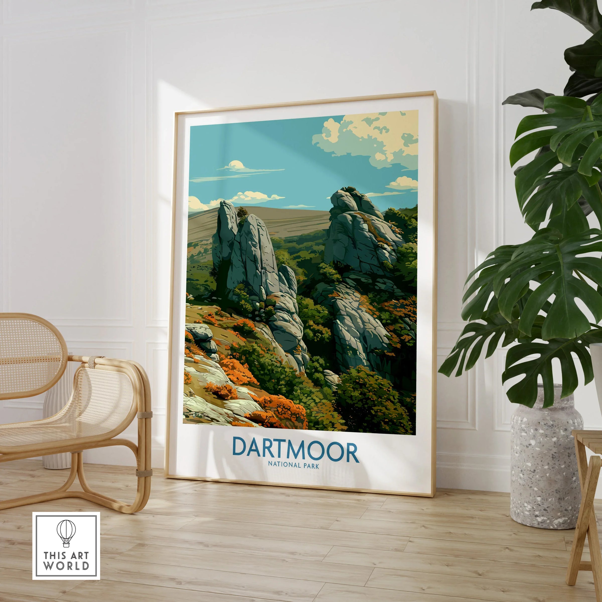 Dartmoor National Park Tor Wall Art — large framed print room setting chair plant