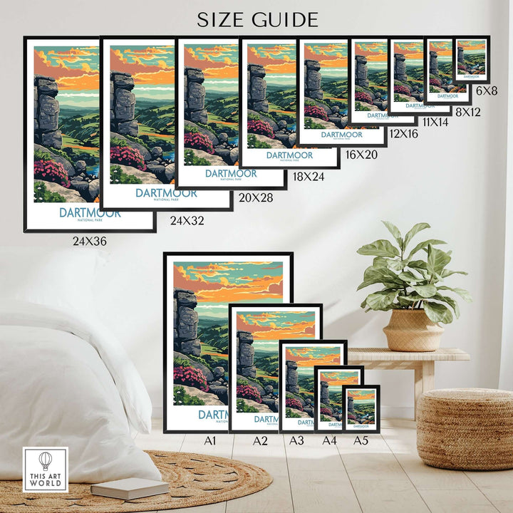 Size guide for Dartmoor National Park prints displaying various frame sizes and landscapes for art selection.