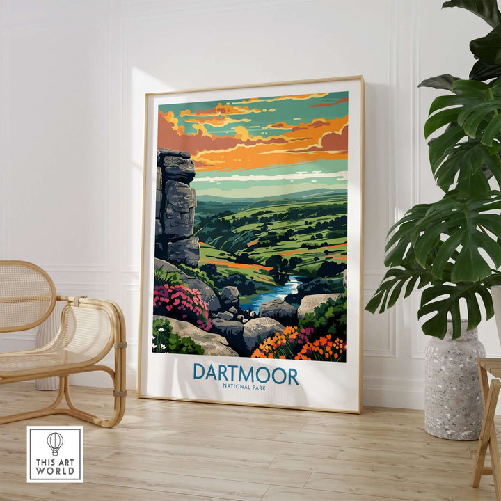 Dartmoor National Park print featuring vibrant landscape and sunset, displayed in a modern interior with plants.